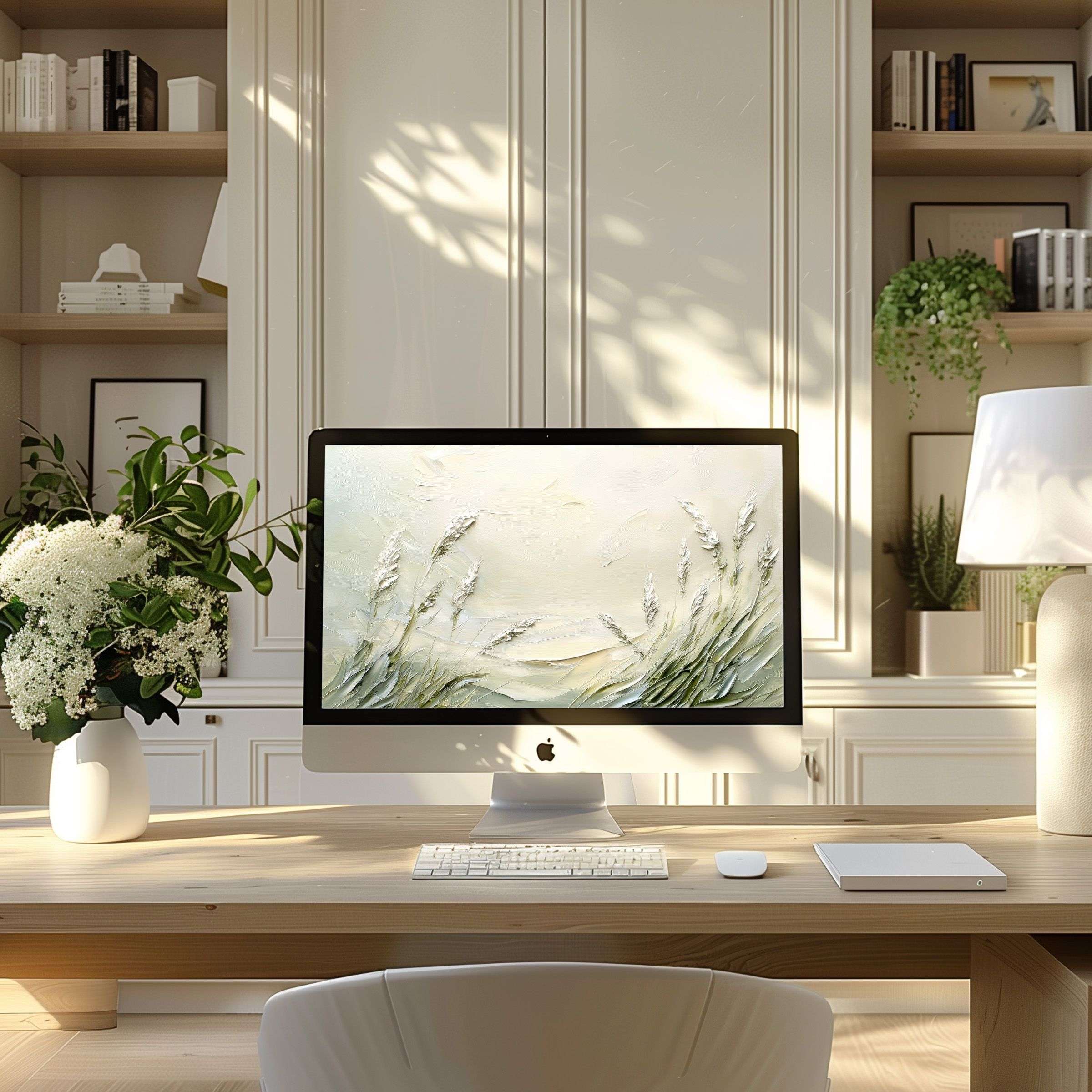 Elegant wheat field digital art elevates modern home office, perfect wallpaper for computer, PC, and laptop offering calm inspiration