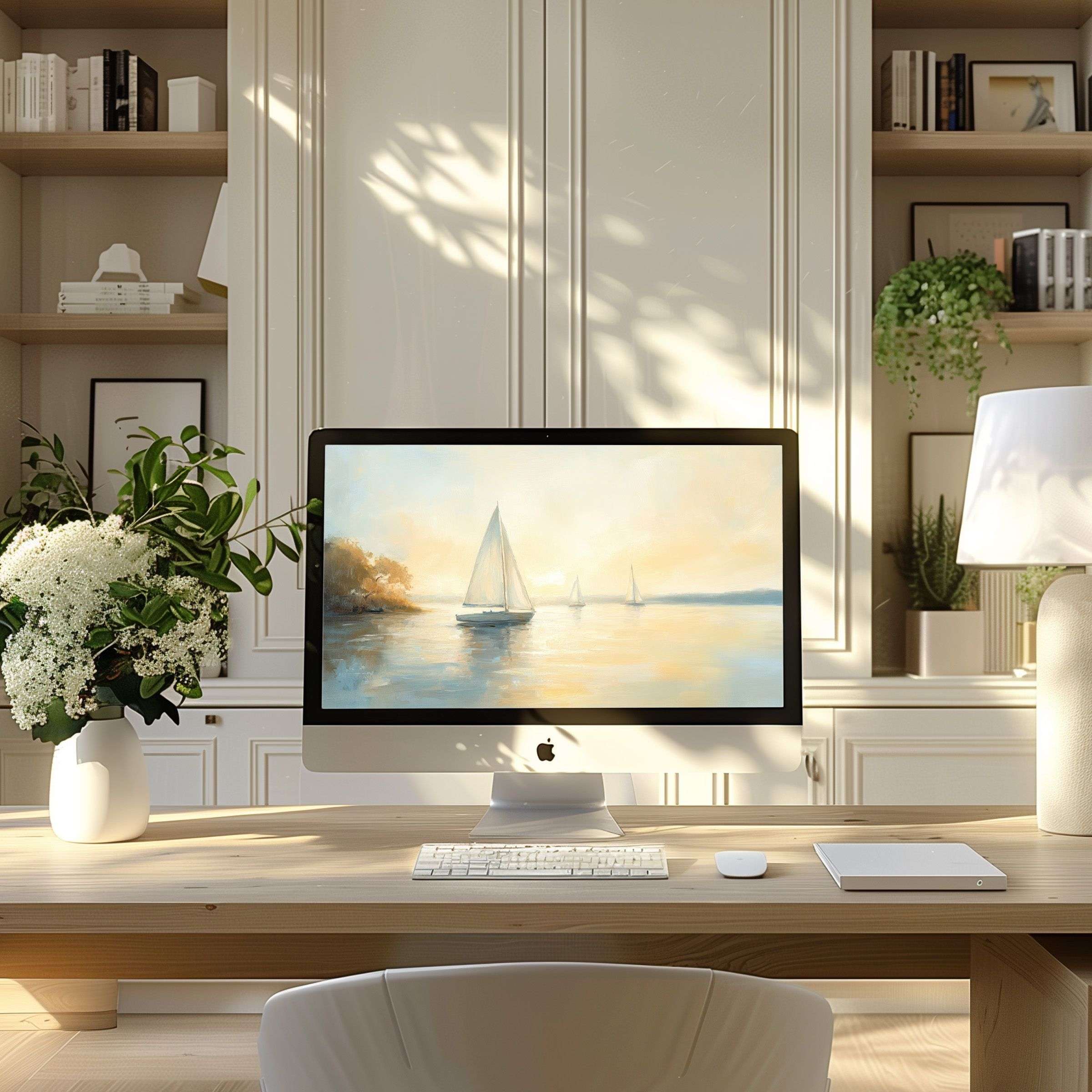 Elegant sailboat digital art wallpaper for computer brings calm and inspiration to any PC or laptop in a modern home office