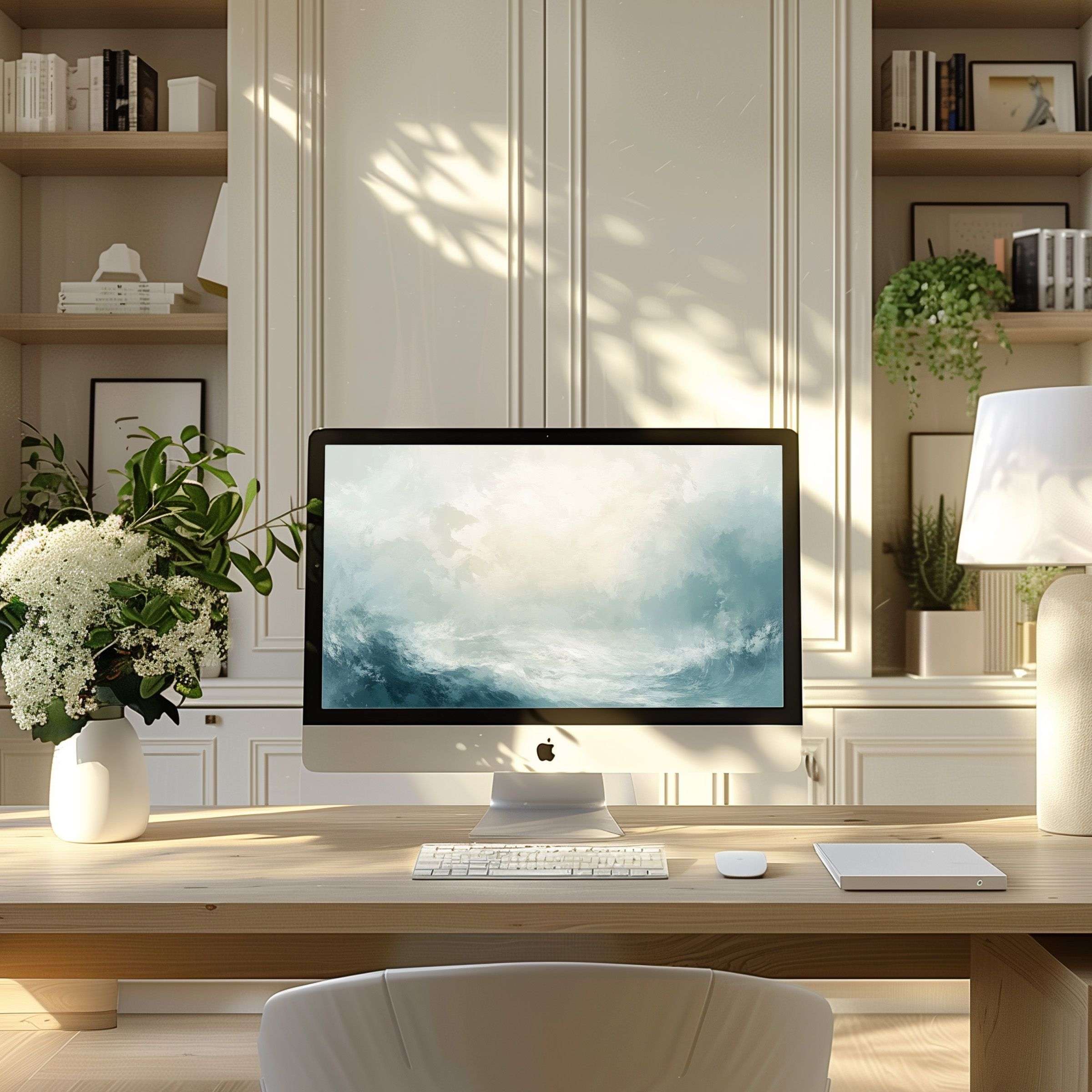 Elegant ocean-inspired wallpaper for computer enhances modern home office calm ideal for PC laptop ultrawide digital download