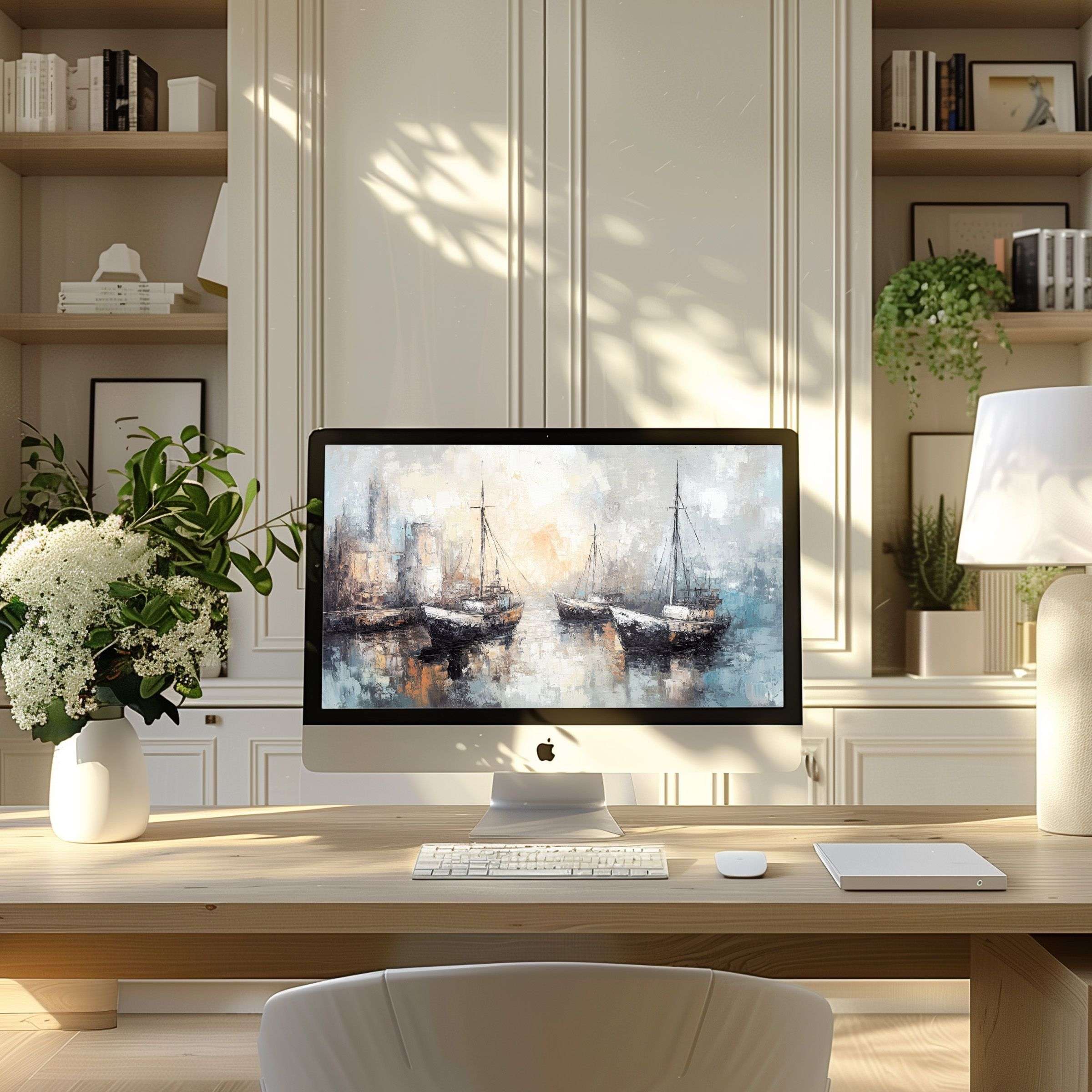 Elegant digital art featuring sailboats inspires calm in a modern home office, perfect wallpaper for computer, PC, and Laptop displays