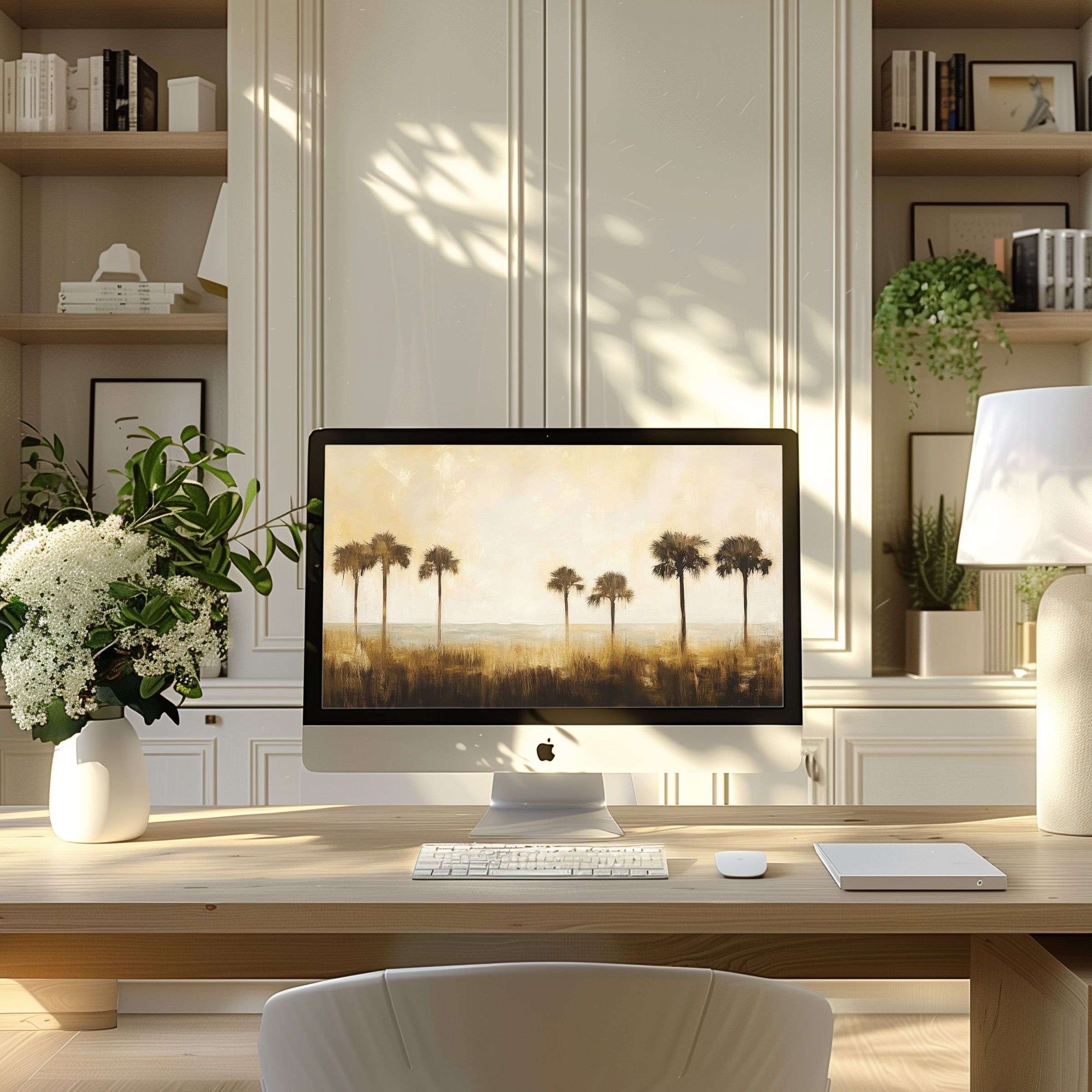 Elegant landscape wallpaper for computer creates a serene atmosphere in a modern home office, perfect for PC and laptop displays