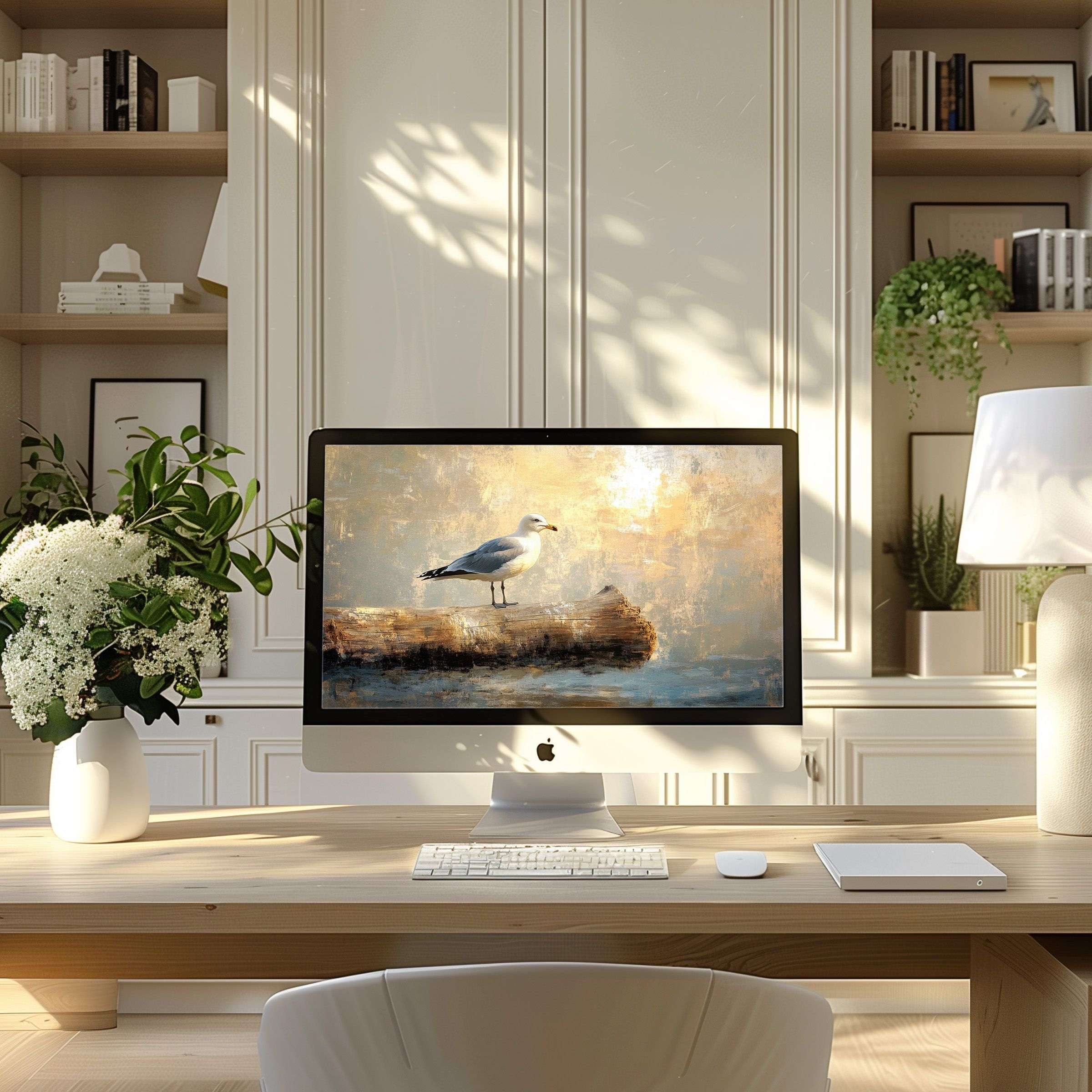 Elegant seagull digital art wallpaper for computer, PC, and laptop inspires calm in a modern home office setting, digital download