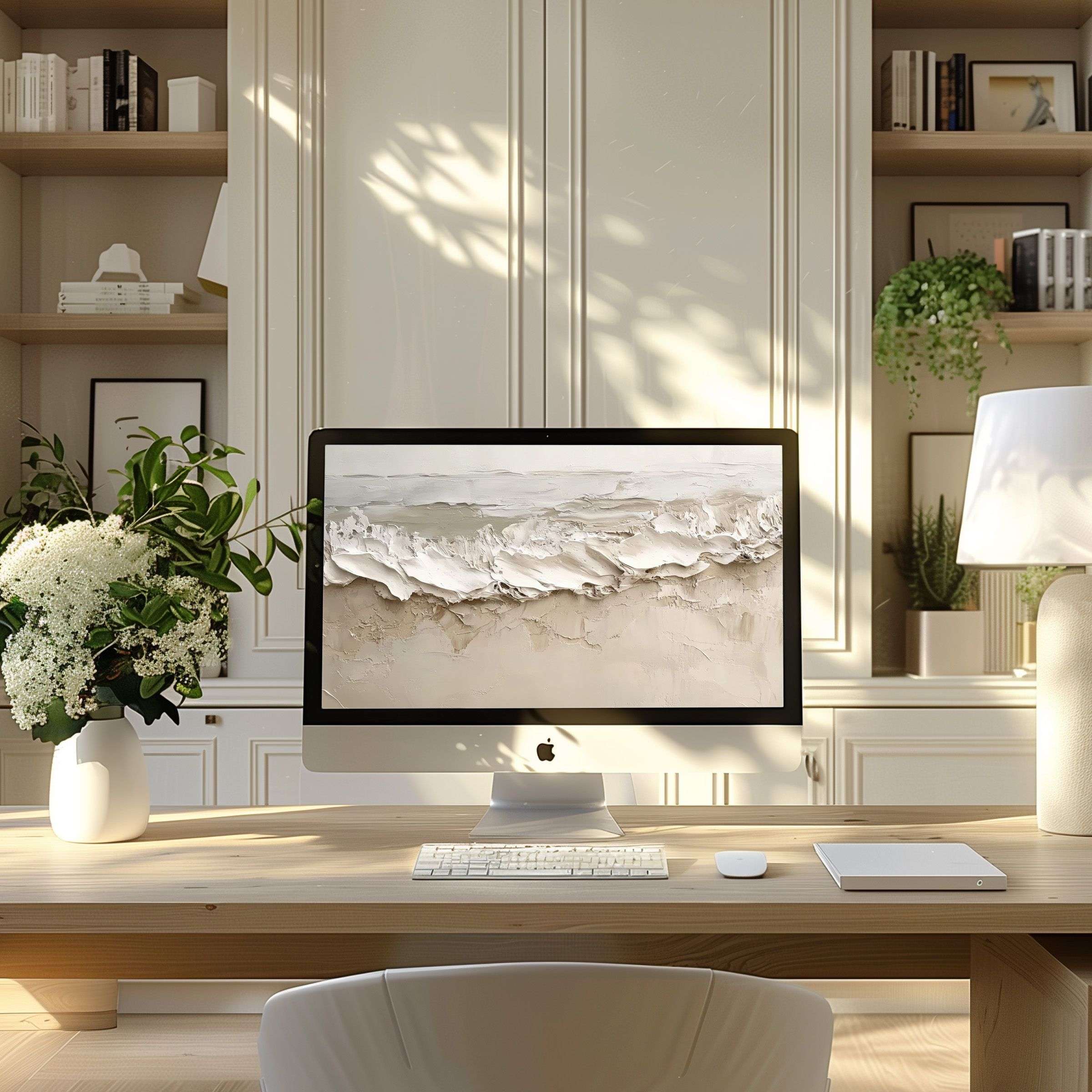 Elegant abstract beige-toned wallpaper for computer on modern desk inspires calm and fits PC, Laptop, ultrawide digital download