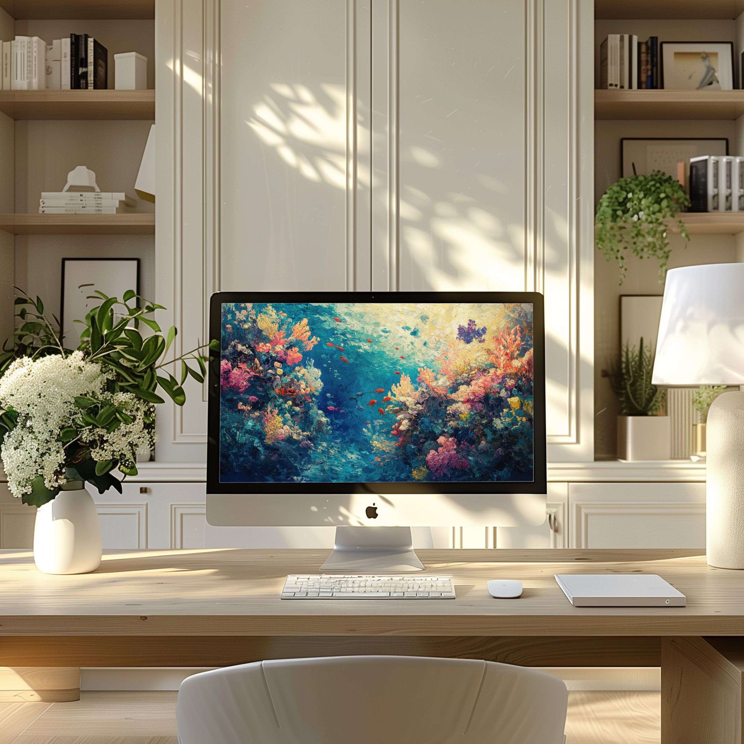 Elegant ocean-inspired wallpaper for computer enhances a modern home office, fits PC and Laptop, promoting calm and sustainable design