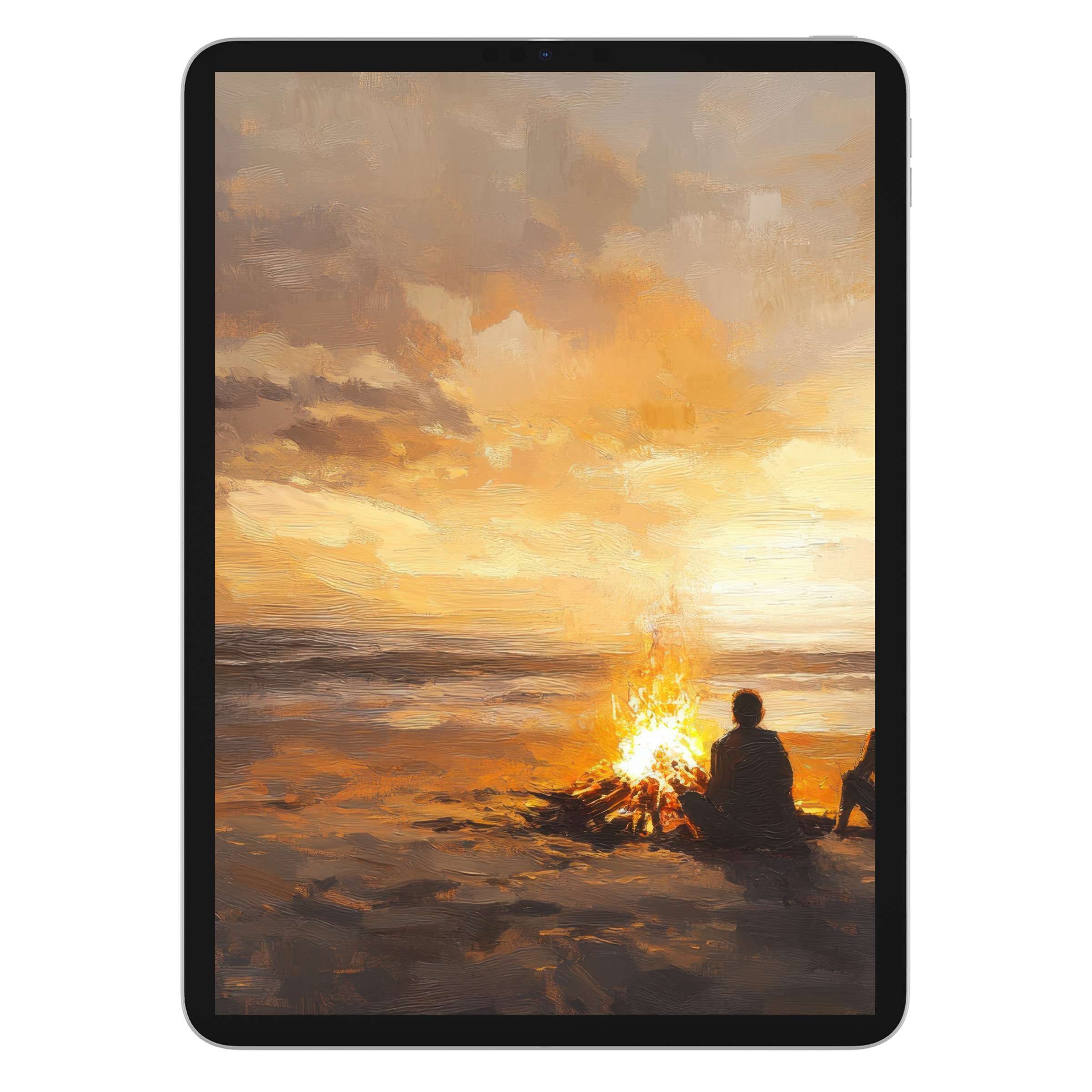 Coastal iPad wallpaper featuring a serene sunset beach bonfire in warm hues, perfect for digital download on any tablet background