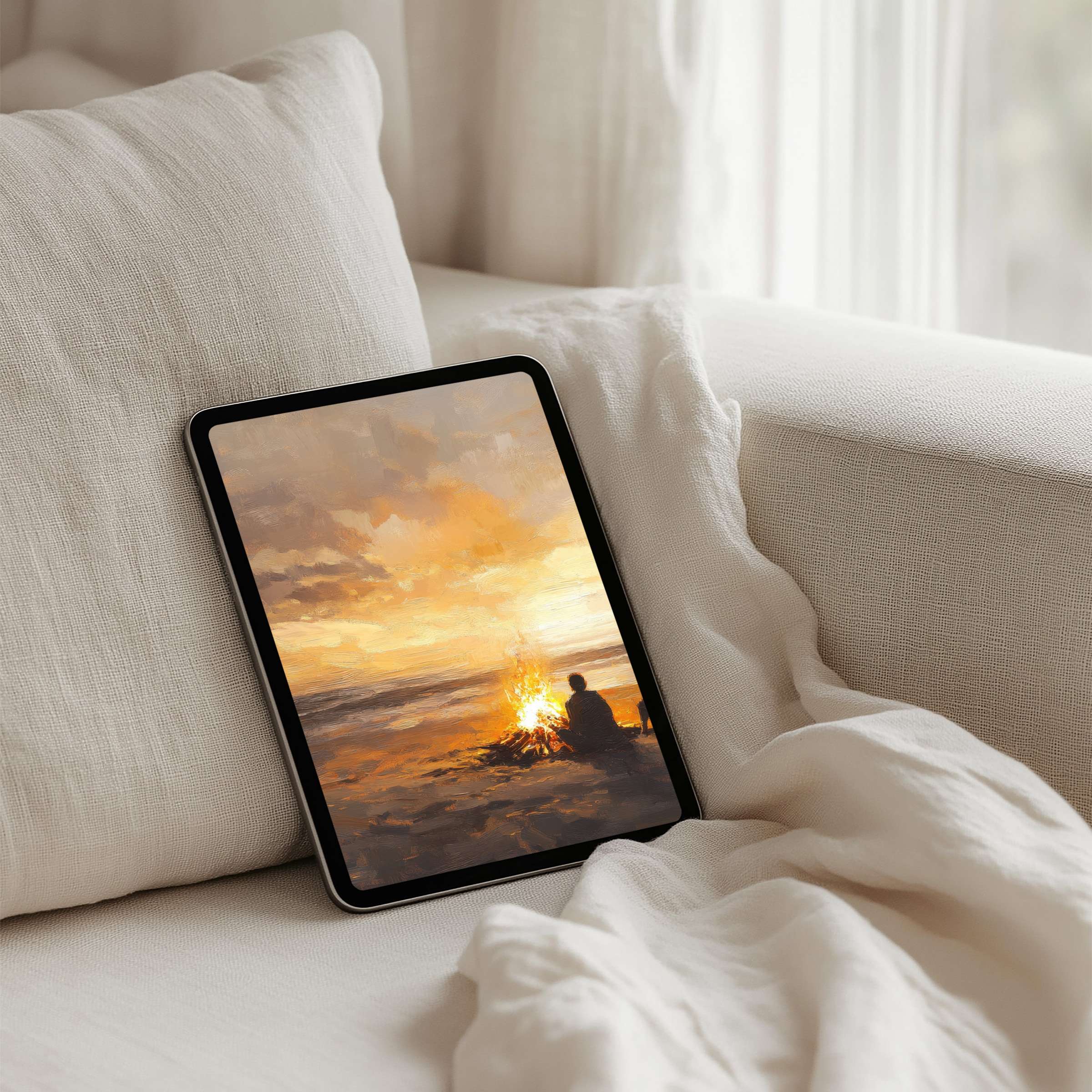 Elegant iPad background with a serene sunset and bonfire scene for instant download, perfect for any tablet's calming elegance