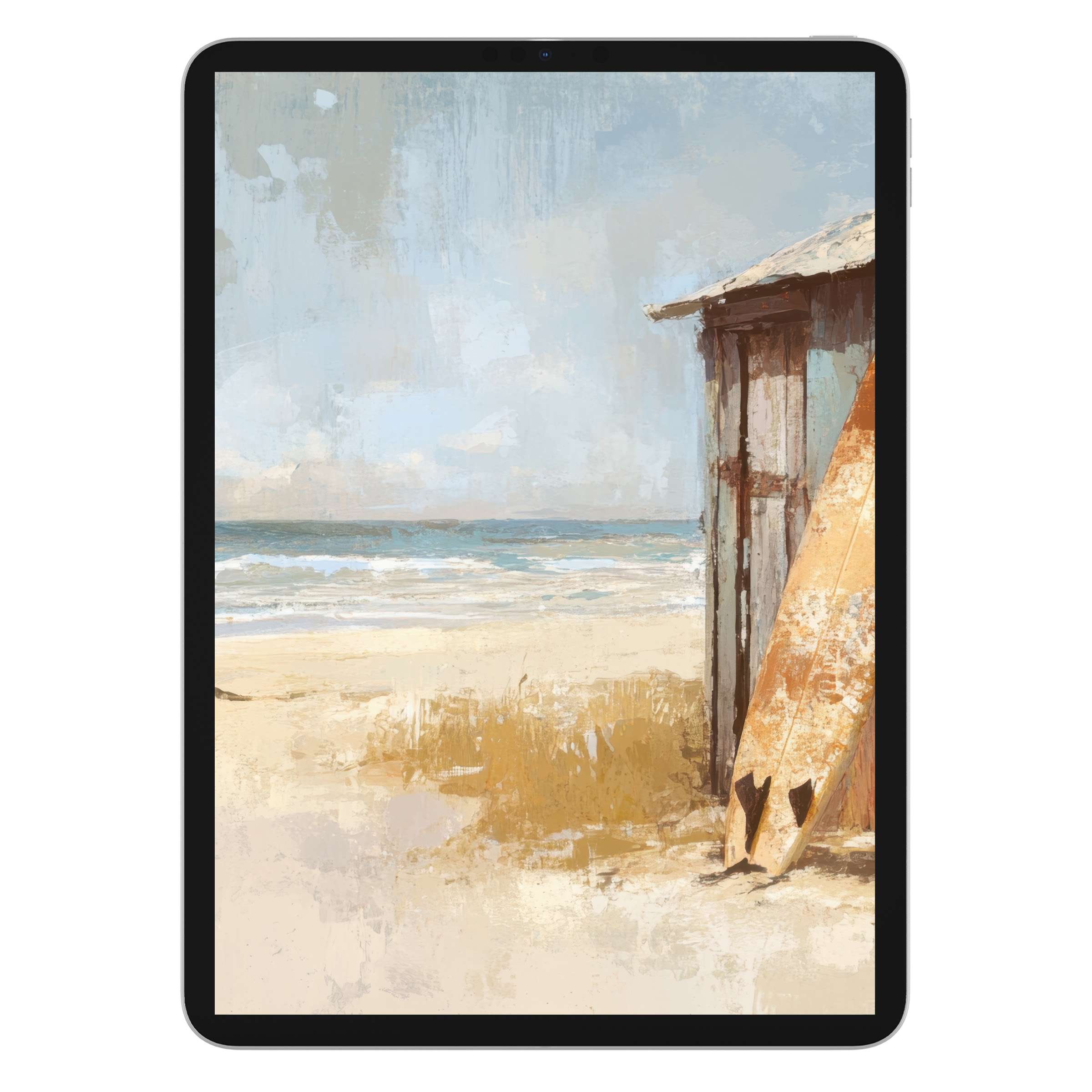 Coastal iPad wallpaper featuring serene beach scene, surfboard, digital download perfect for tablet background, evokes tranquility and style
