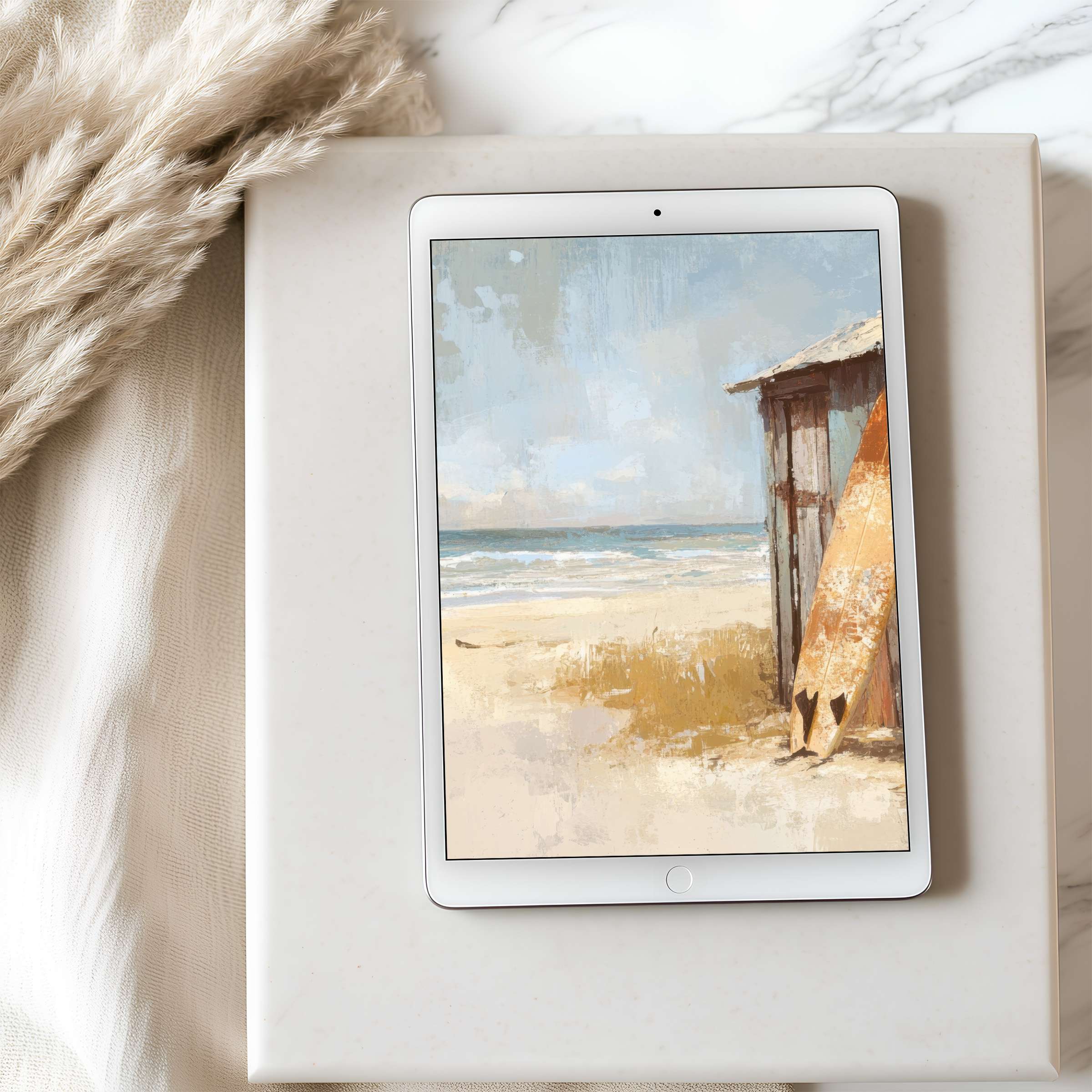 Serene coastal scene tablet wallpaper with textured sandy beach and rustic hut, perfect for iPad download and calming decor