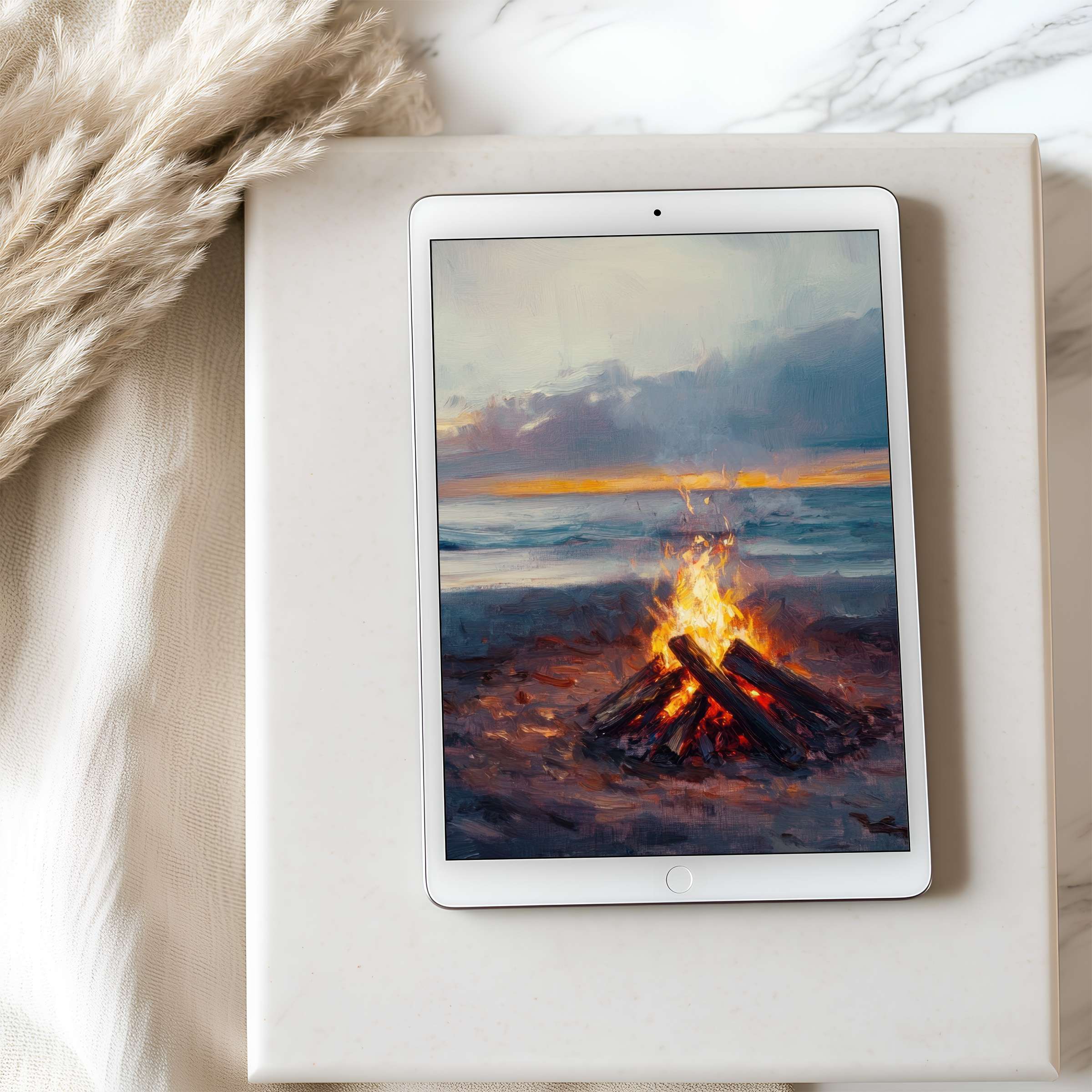 Tablet wallpaper featuring a sunset beach campfire in warm, serene tones, ideal for iPad and Android, high-resolution digital download