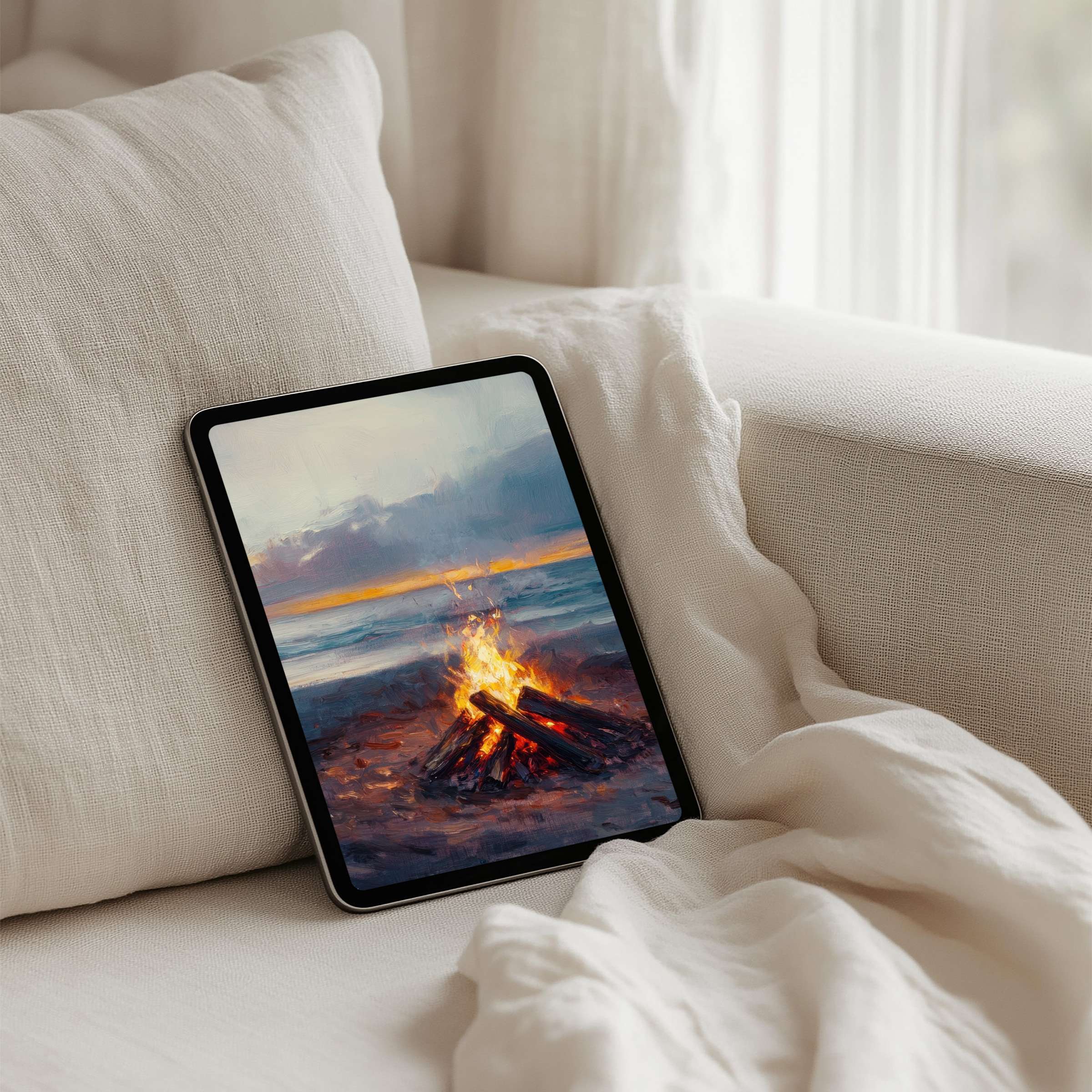 Serene iPad background with beach bonfire painting offers instant download for inspiring tablet decor promoting calm and elegance
