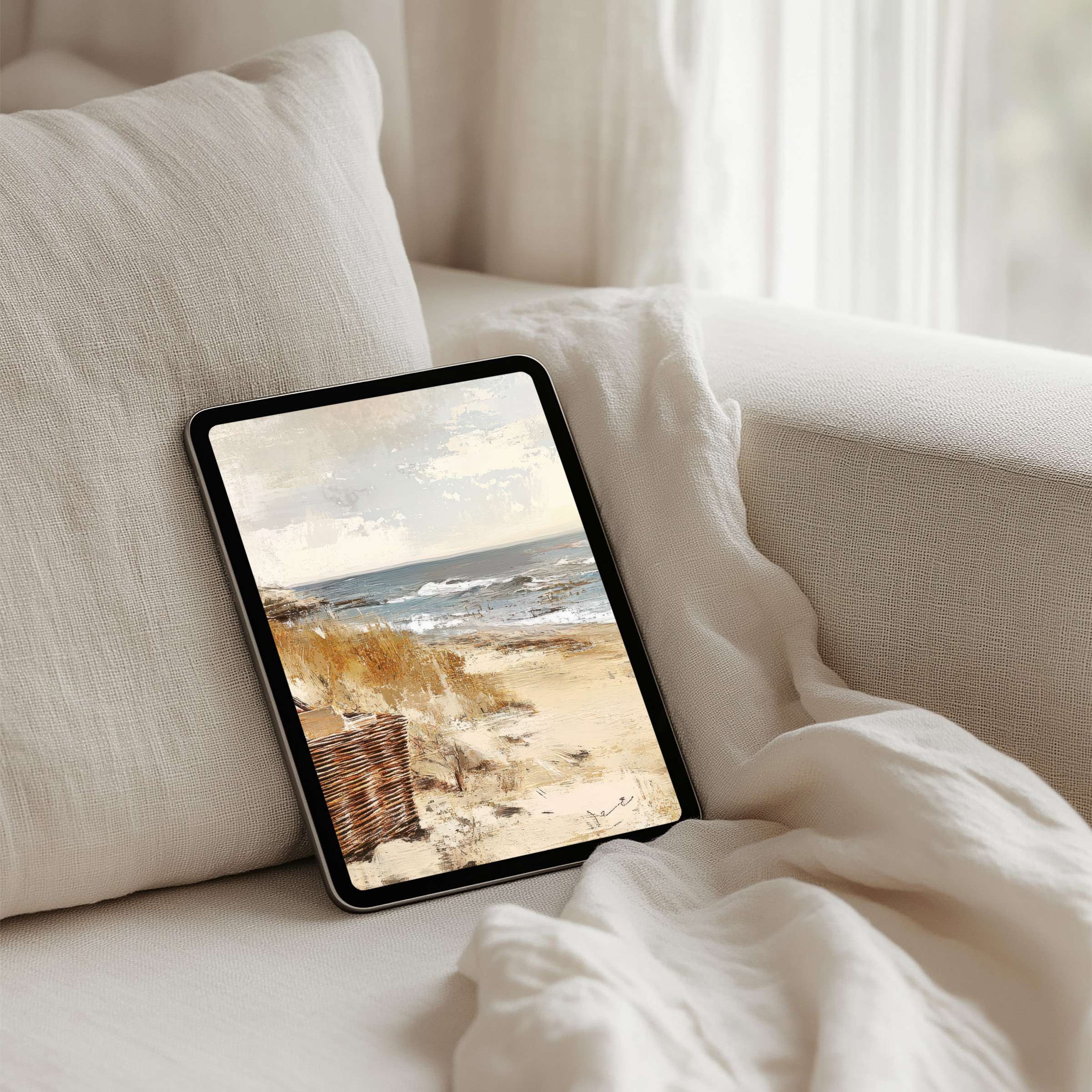 Tranquil sandy beach scene iPad background for instant download offers elegance and inspiration compatible with any tablet device