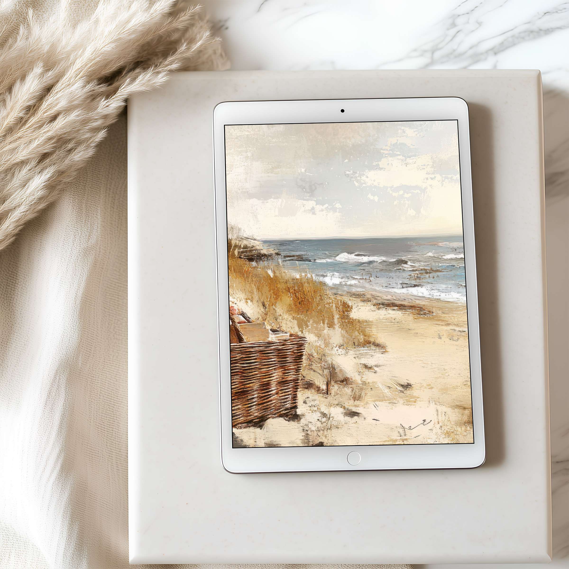 Serene coastal scene tablet wallpaper with warm tones evokes tranquility; perfect for iPad high resolution and Android downloads