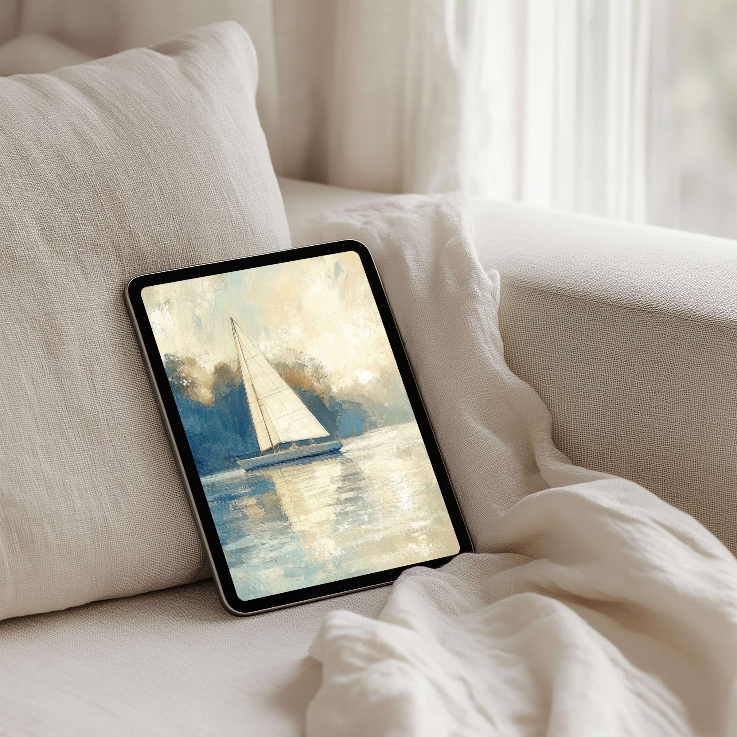 Serene sailboat watercolor iPad background for instant download, fits any tablet, inspiring calmness and elegance in digital decor