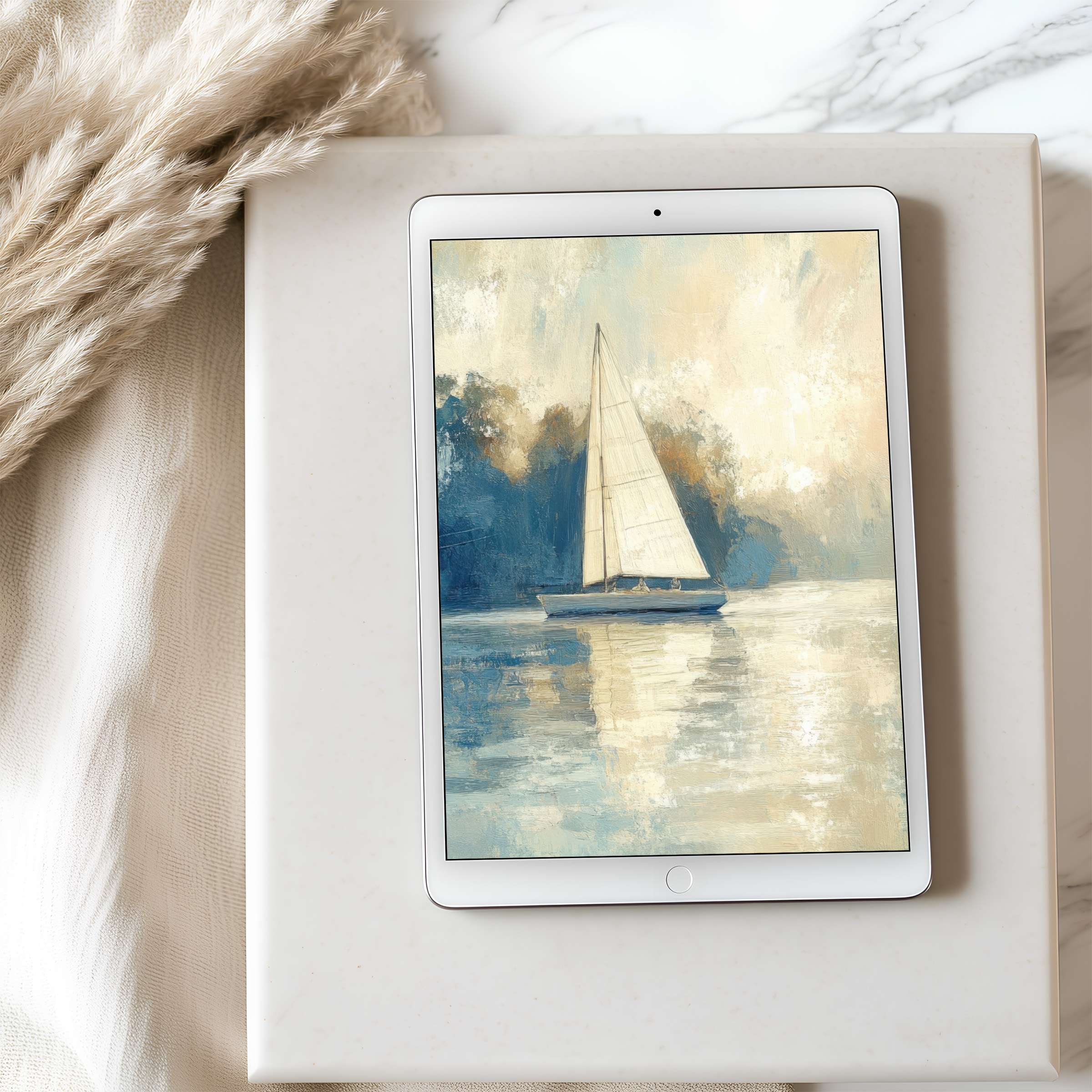 Elegant tablet wallpaper featuring serene sailboat art in calming blue and beige tones perfect for high-resolution digital download