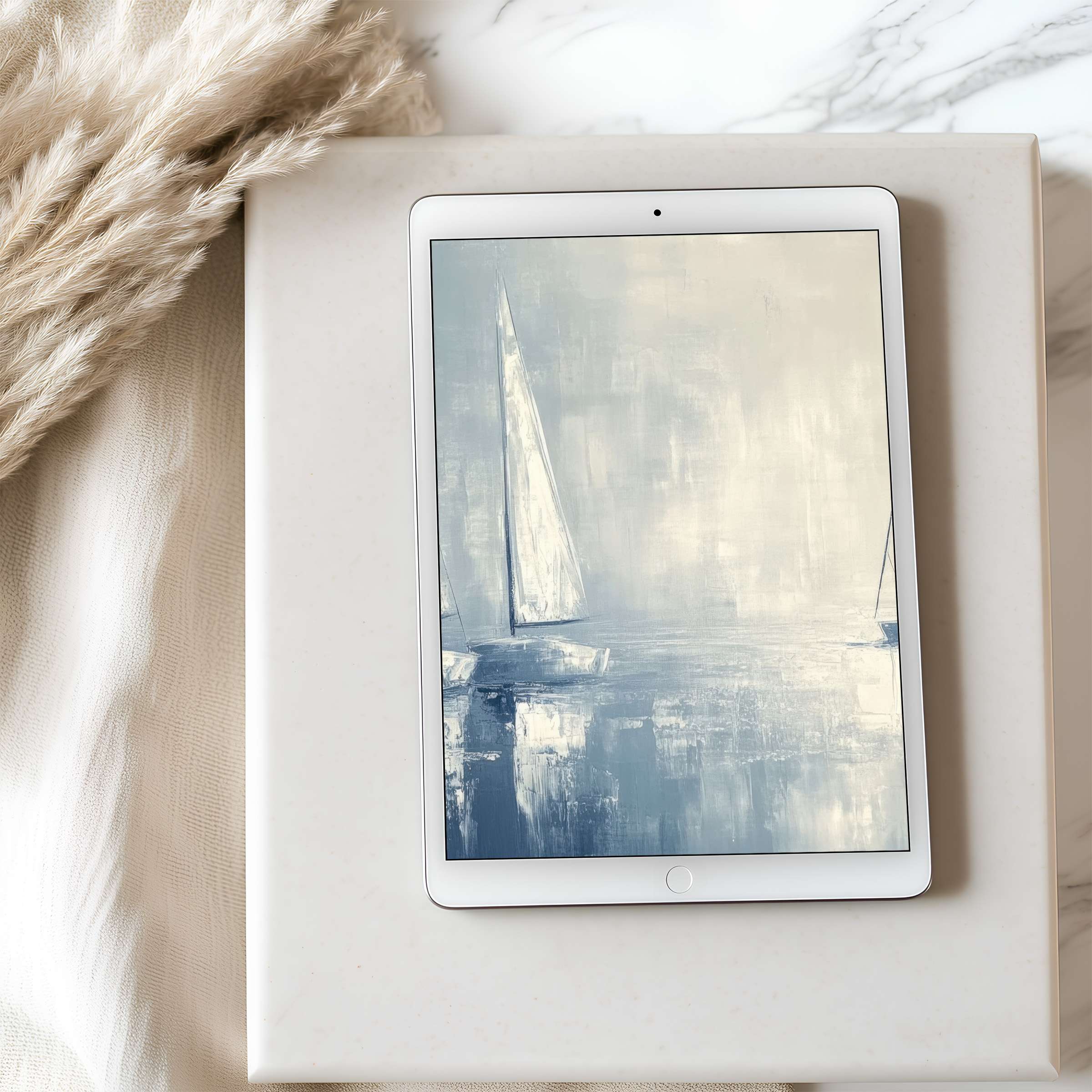 Tranquil sailboats in a muted blue palette create a calming tablet wallpaper perfect for high-resolution iPad and Android screens