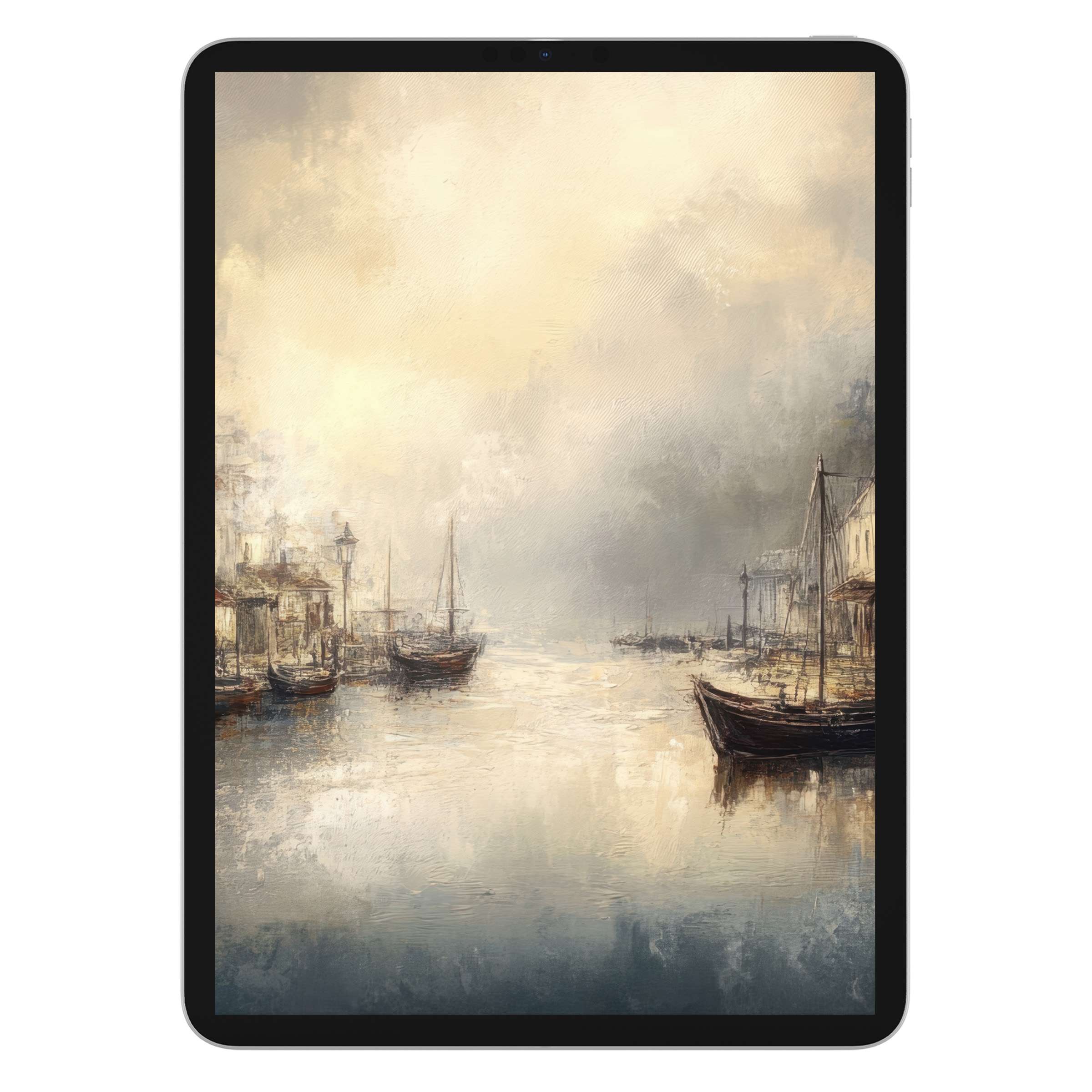 Calming coastal iPad wallpaper featuring serene pastel boats and misty skies, ideal digital download background for elegant tablets