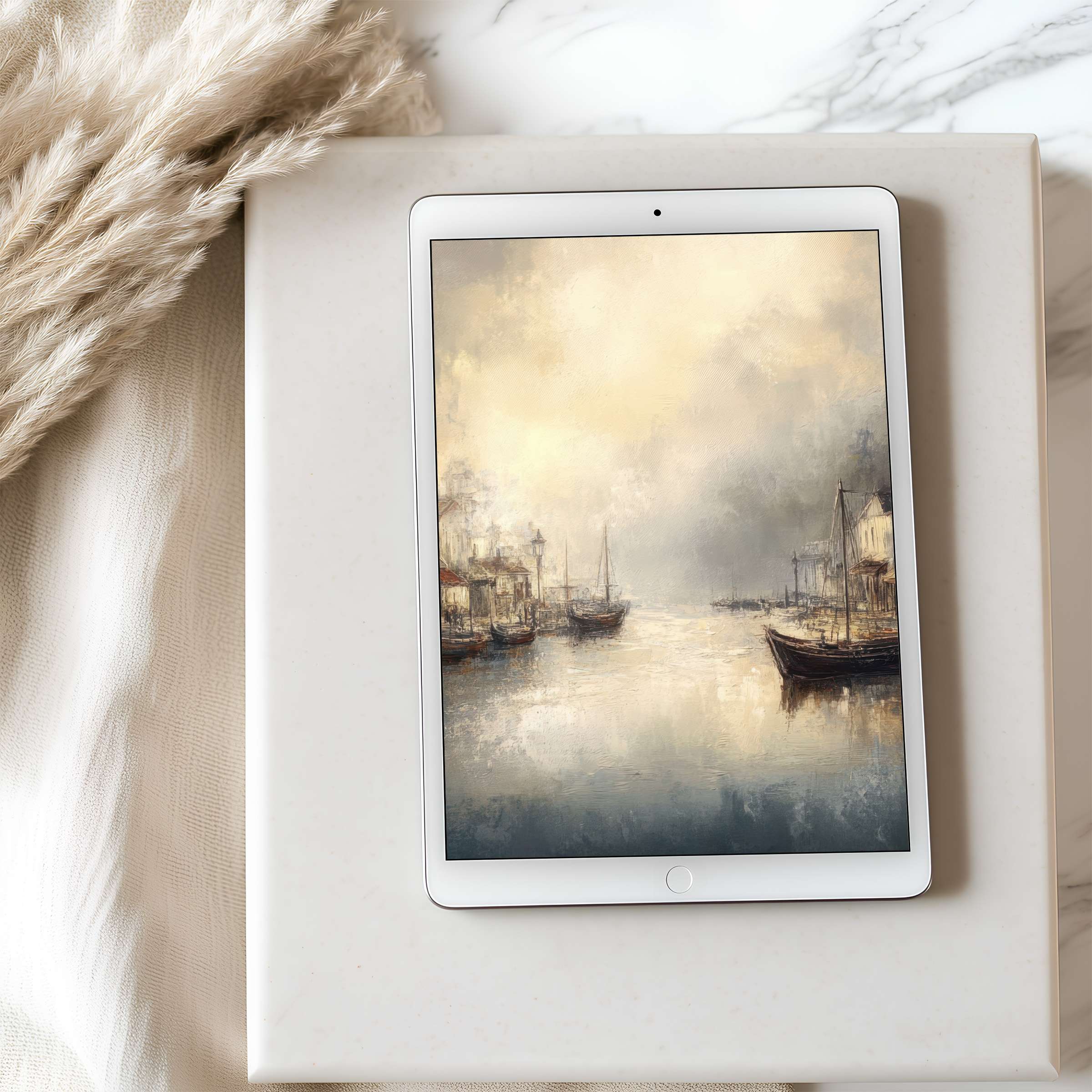 Serene tablet wallpaper depicting a misty harbor in soft earth tones perfect for iPad high resolution and Android digital download