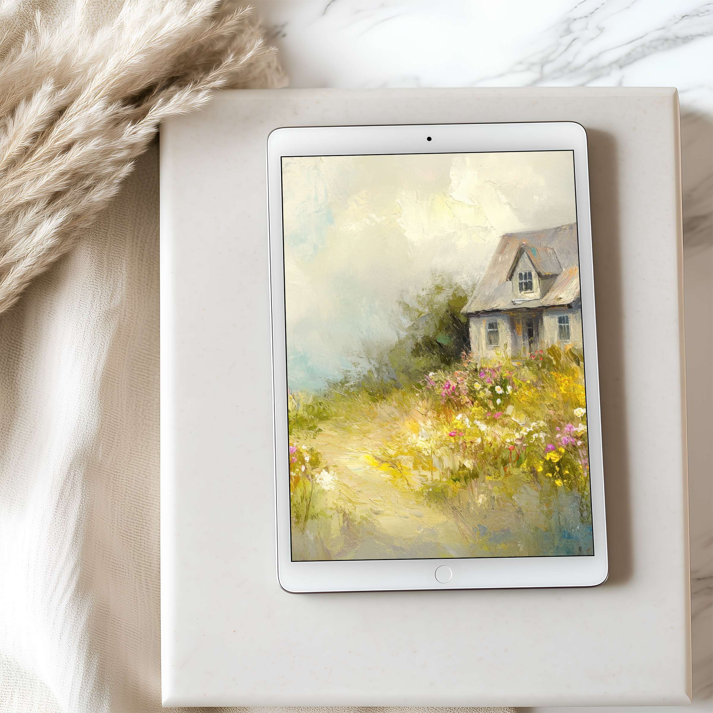 Elegant tablet wallpaper with serene cottage and wildflowers in soft pastels, high resolution digital download for iPad and Android tablets