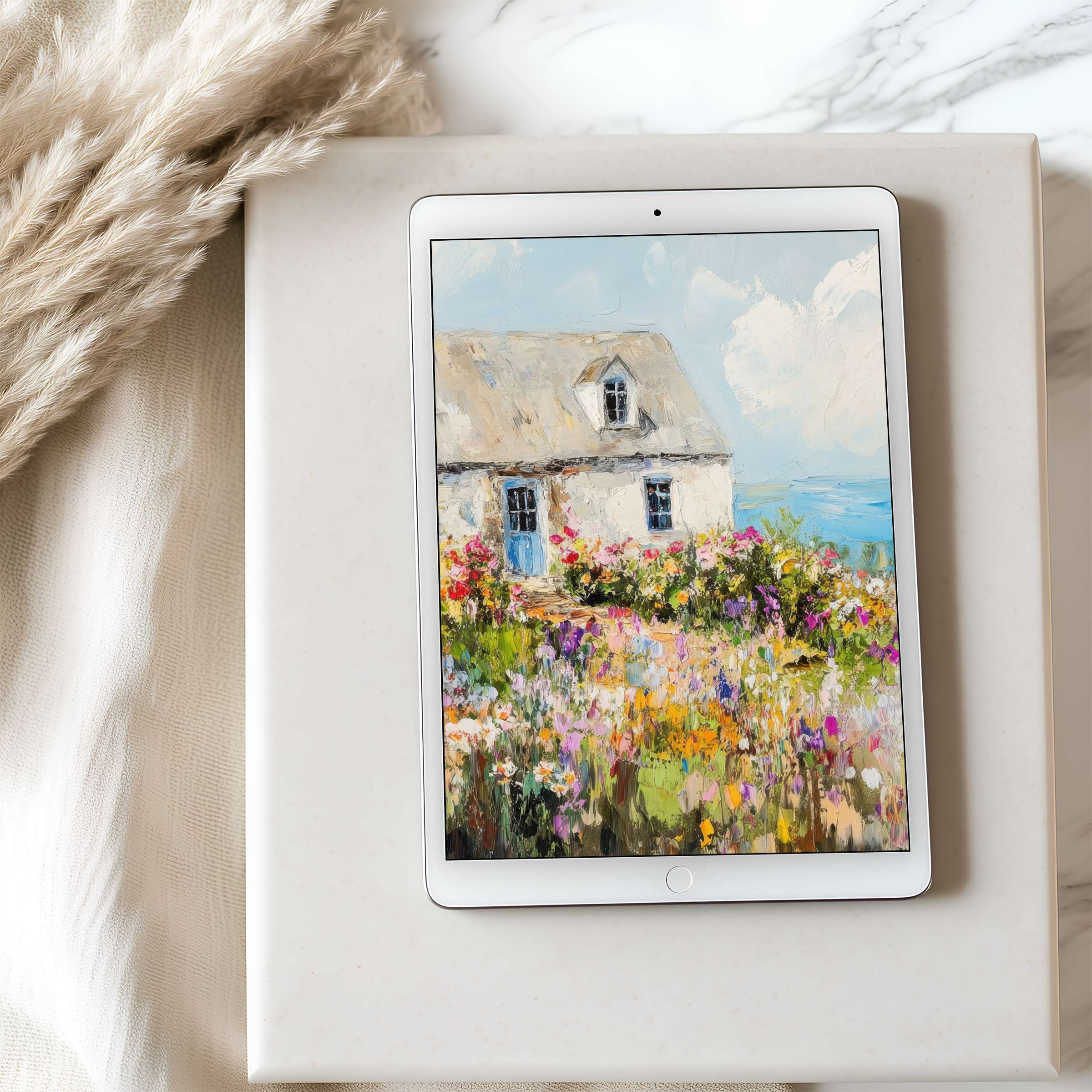 Elegant floral landscape tablet wallpaper on high-resolution iPad screen exudes calm and beauty, perfect for digital download