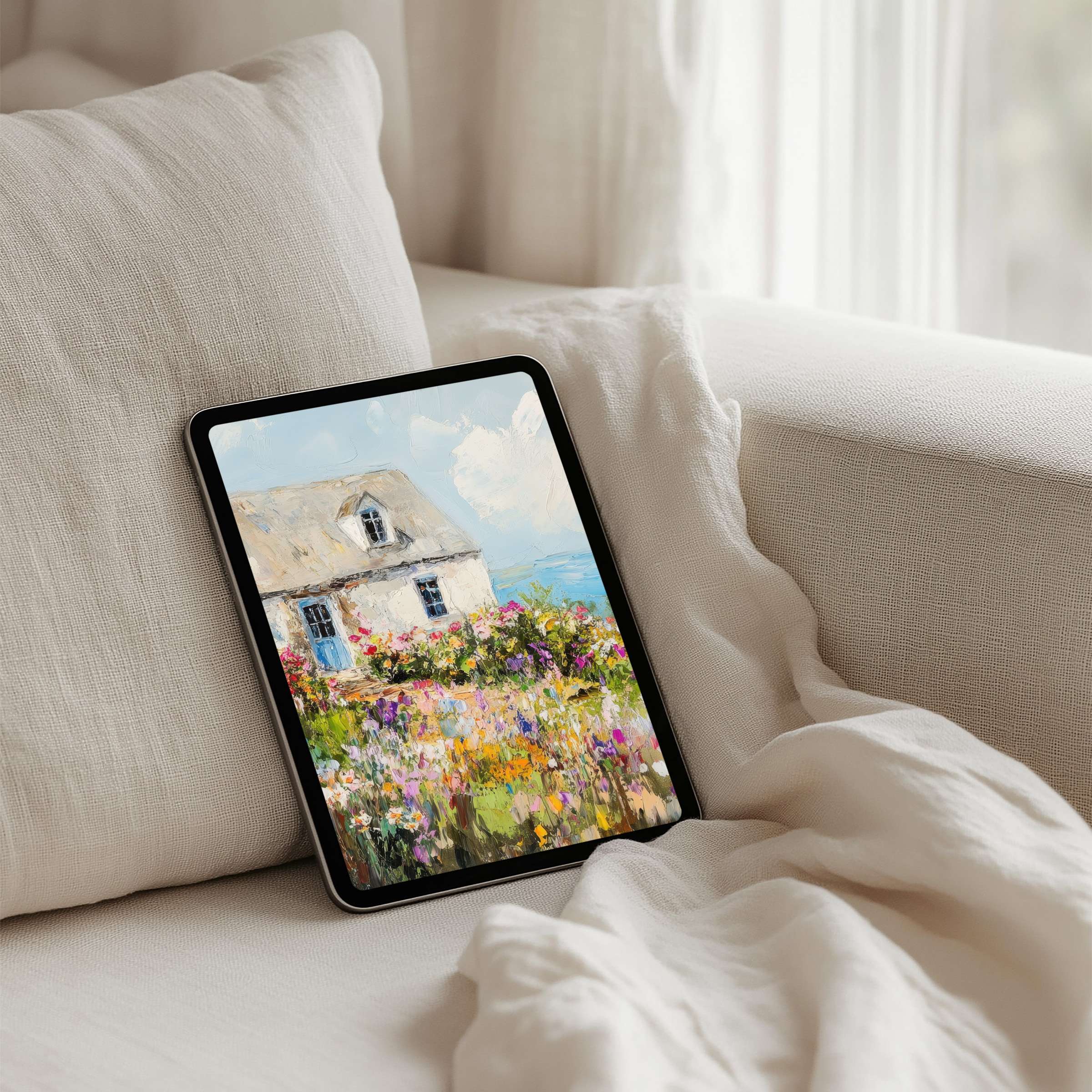 Elegant iPad background with vibrant floral cottage art offers instant download for iPad and tablet users inspiring calm and beauty