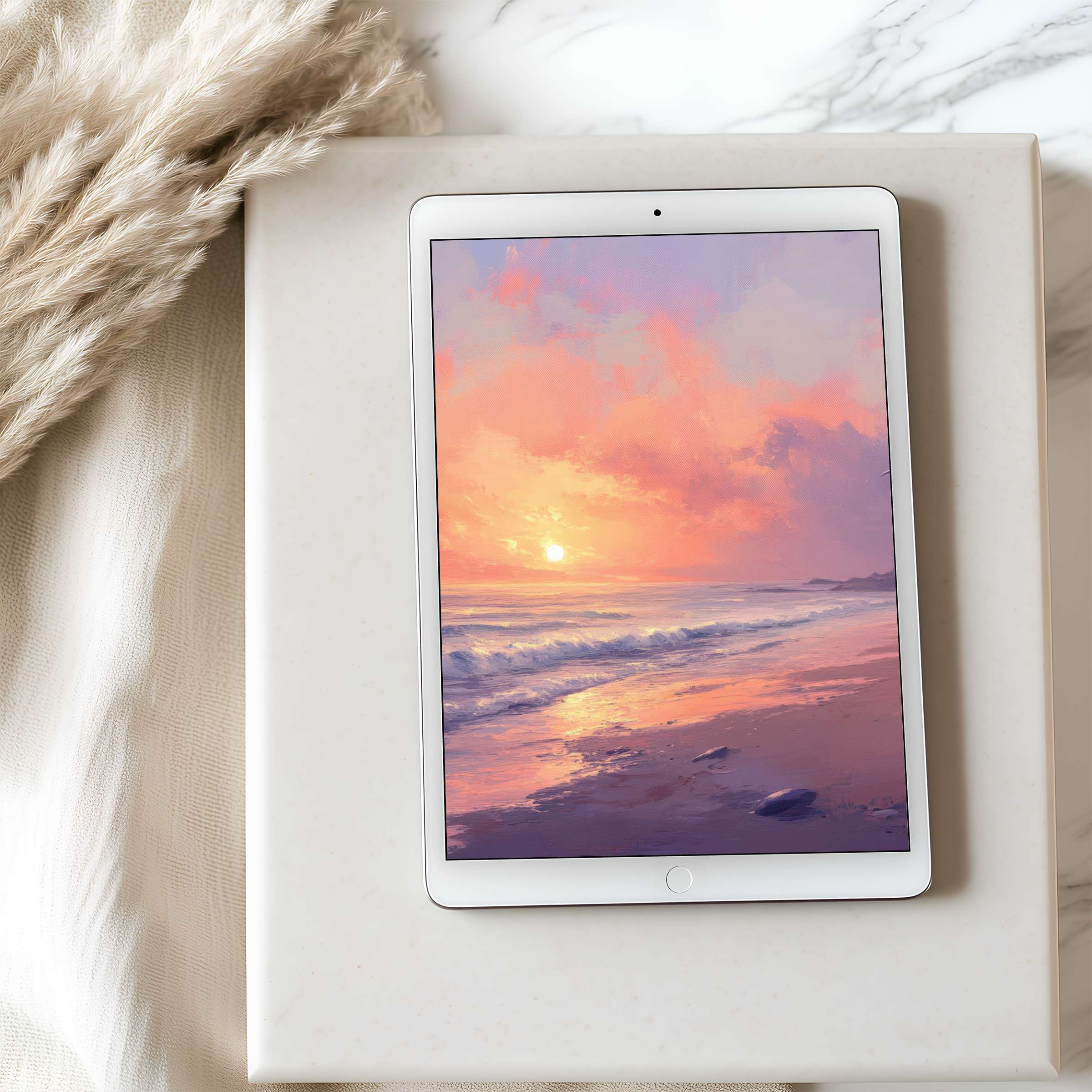 Elegant tablet wallpaper featuring a serene sunset over the ocean, perfect for a high-resolution iPad, calming digital download