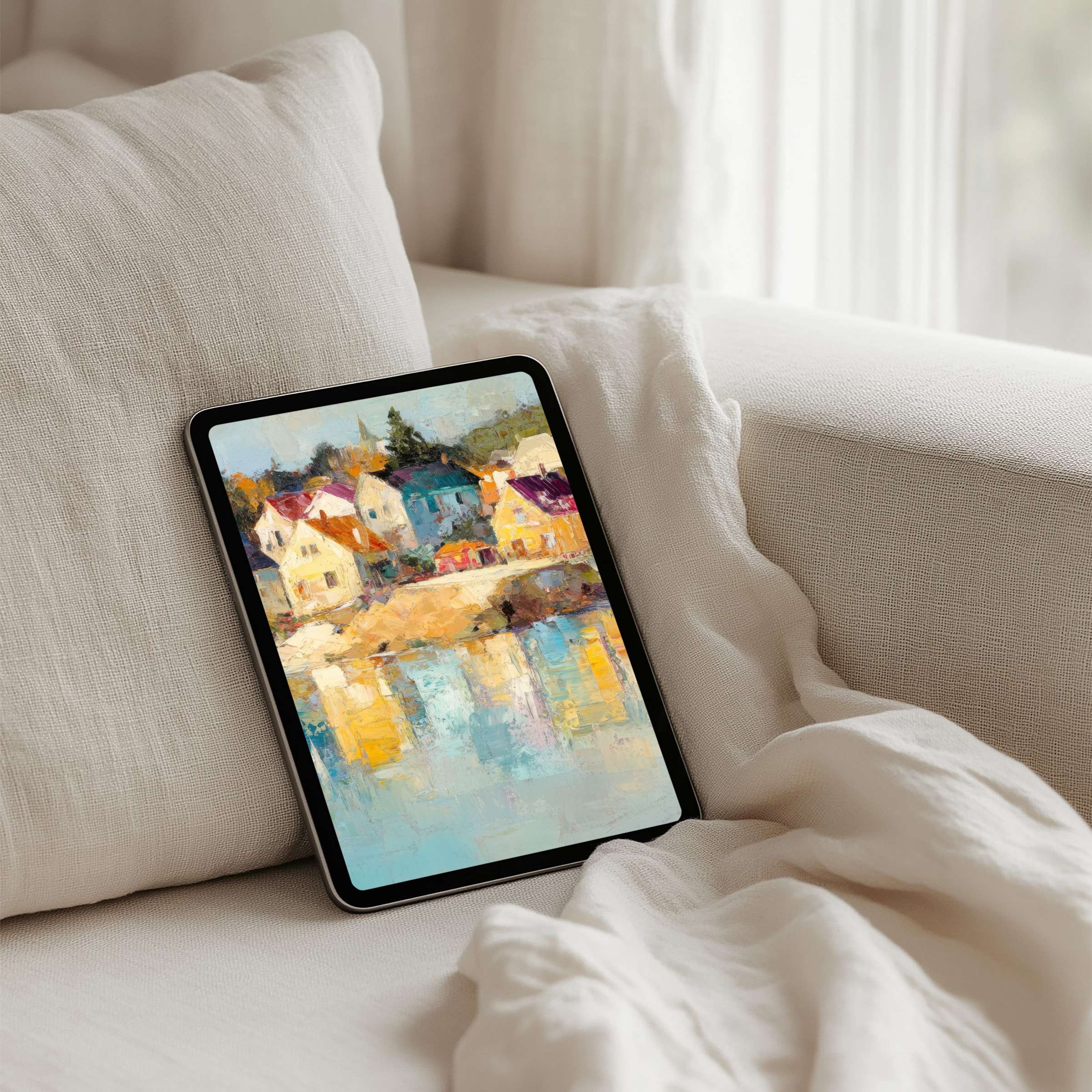 Elegant impressionist iPad background featuring serene village scene to inspire calm on any tablet with instant download benefit