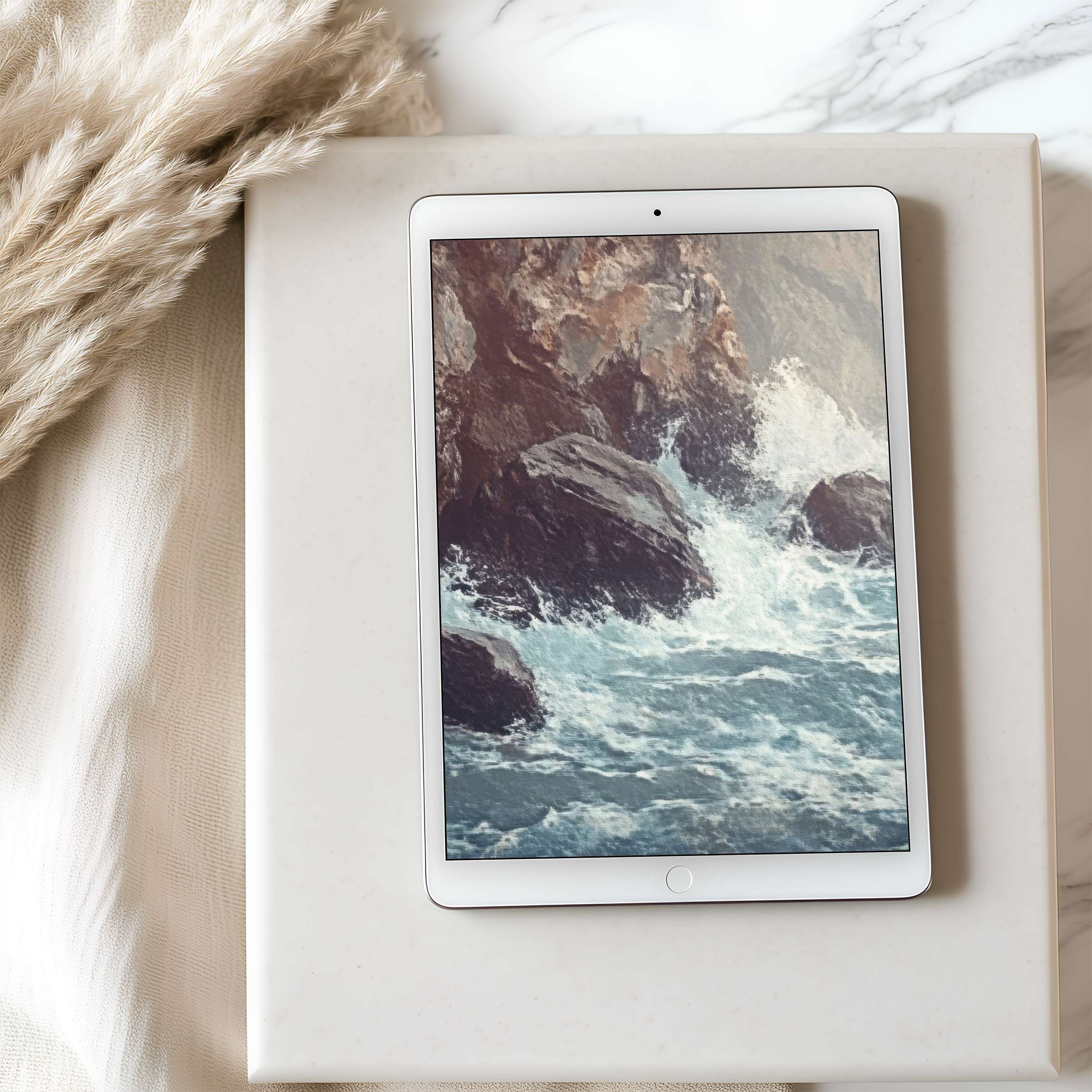 Elegant tablet wallpaper showcasing serene ocean waves and rocky cliffs, ideal for iPad or Android tablets in high resolution