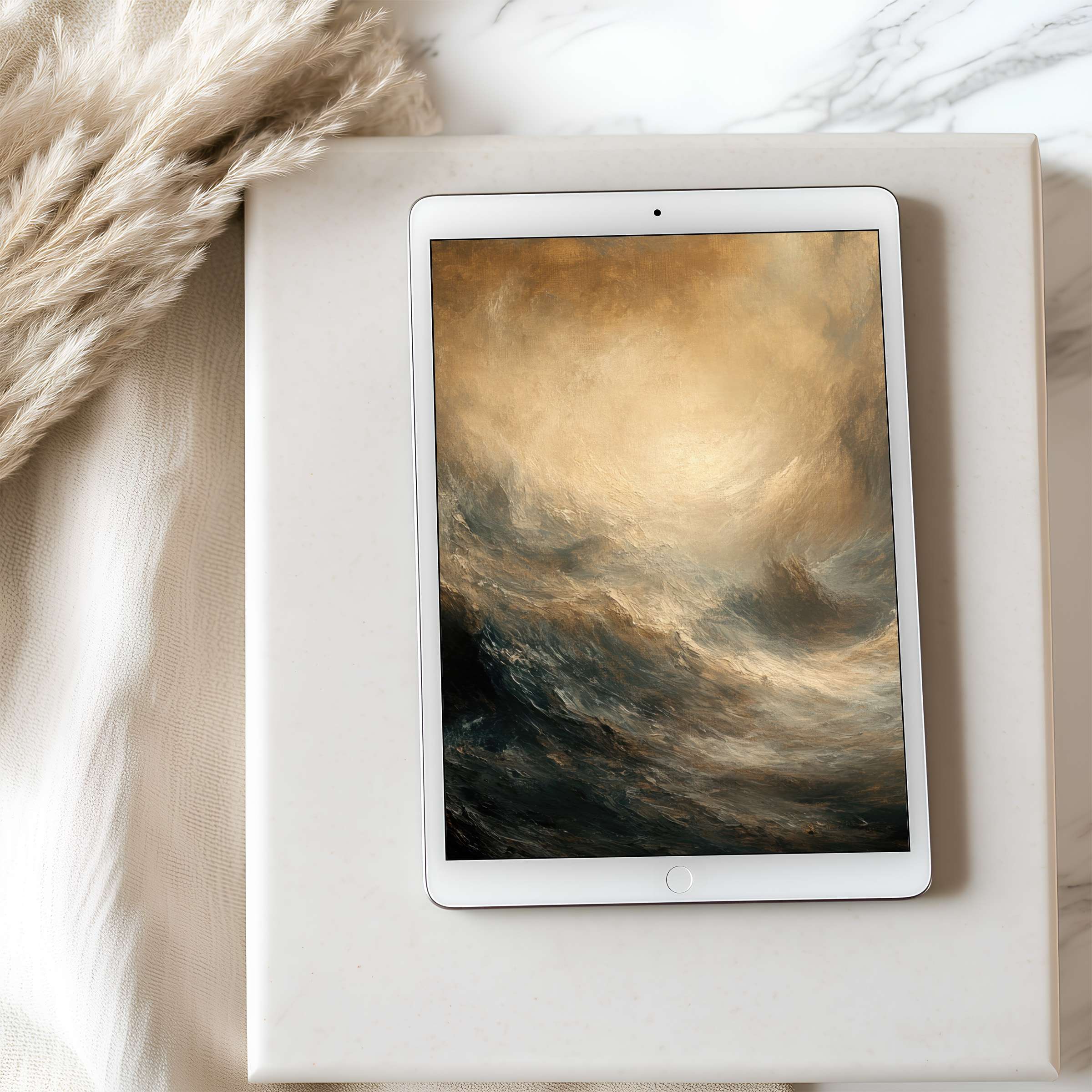 Elegant tablet wallpaper with serene golden waves art, perfect for iPad or Android tablets, offering calm high-resolution digital download