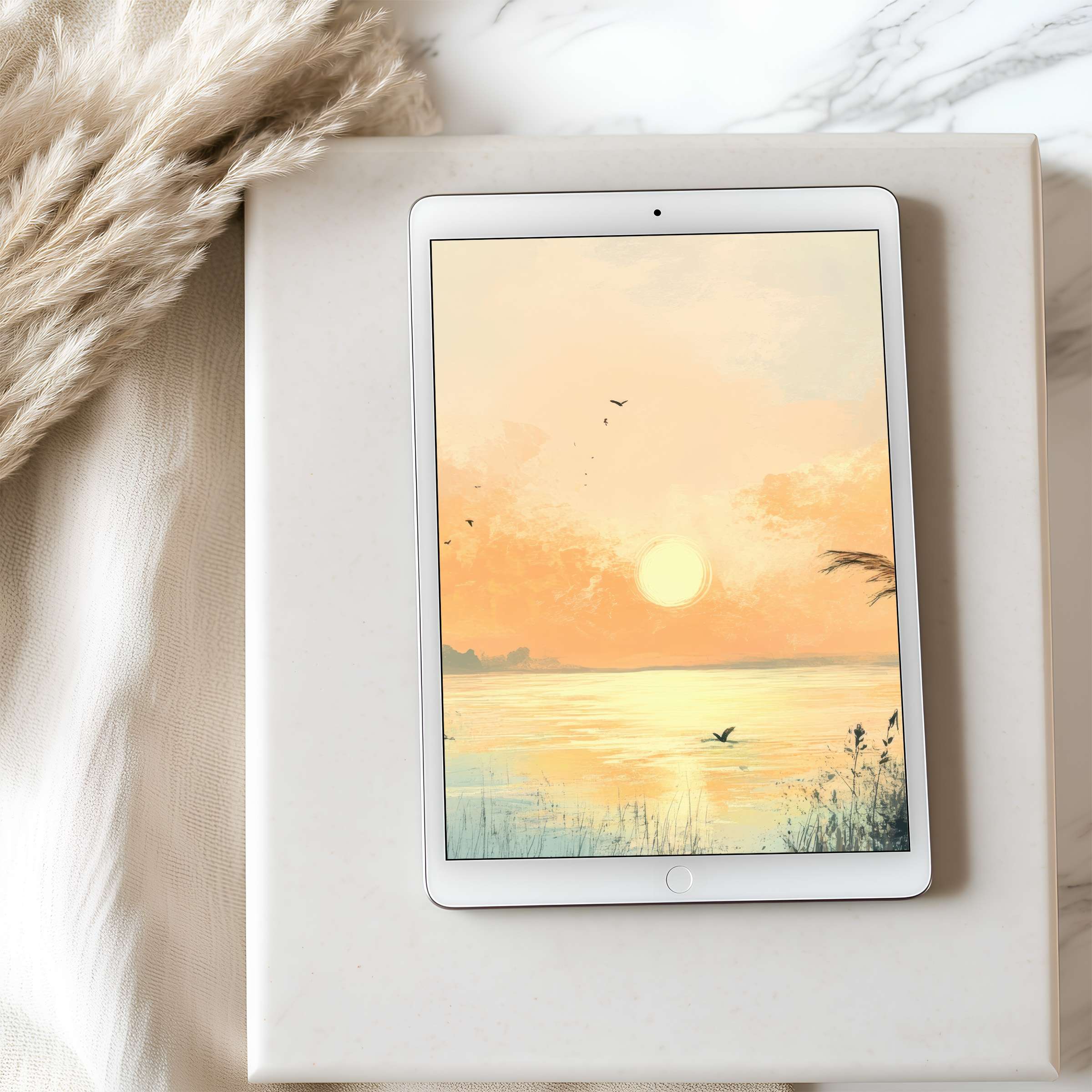 Elegant sunset illustration as tablet wallpaper reflects tranquil hues of yellow and orange perfect for iPad, Android download
