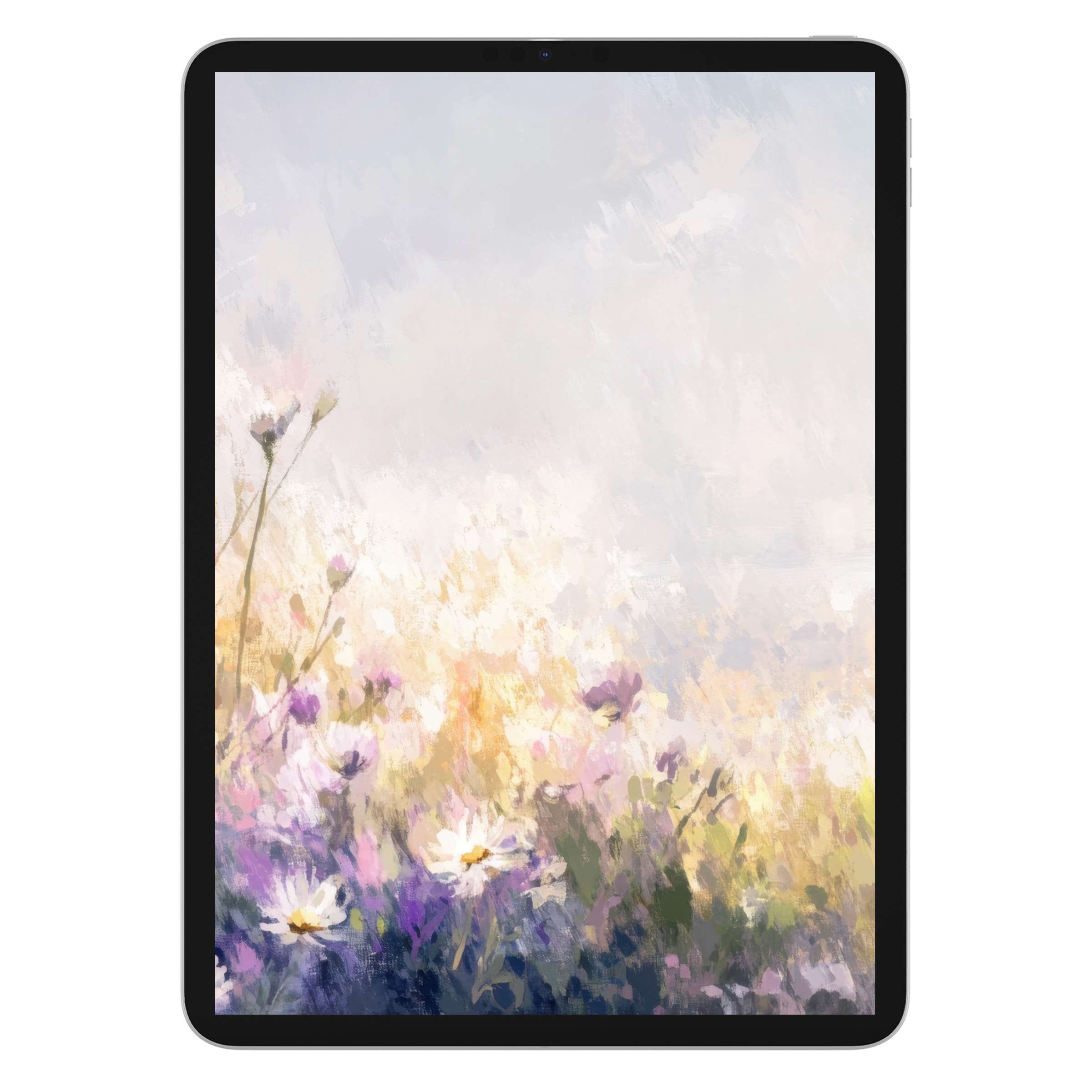Serene coastal iPad wallpaper with pastel wildflowers and soft sky, ideal for tablet background; a calming digital download for elegance
