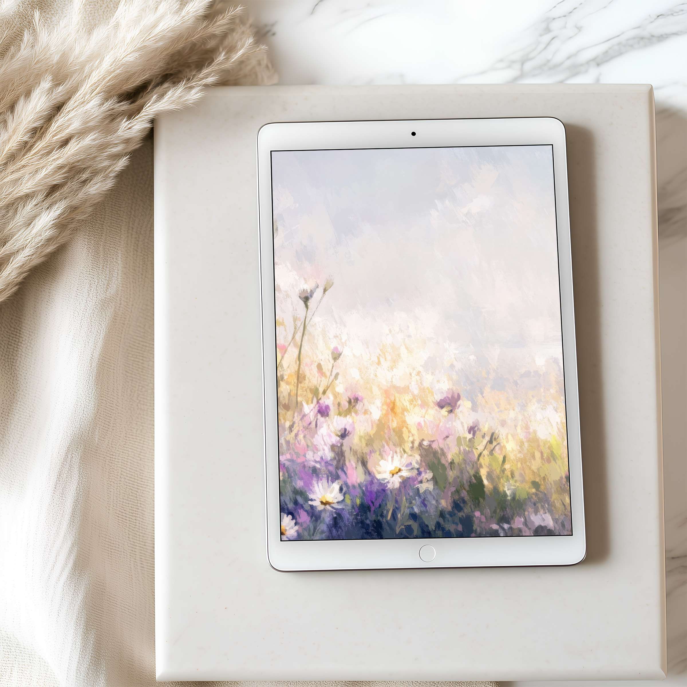 Elegant tablet wallpaper showcasing a serene meadow in pastel hues, perfect for iPad and Android tablets, offering a calming digital download