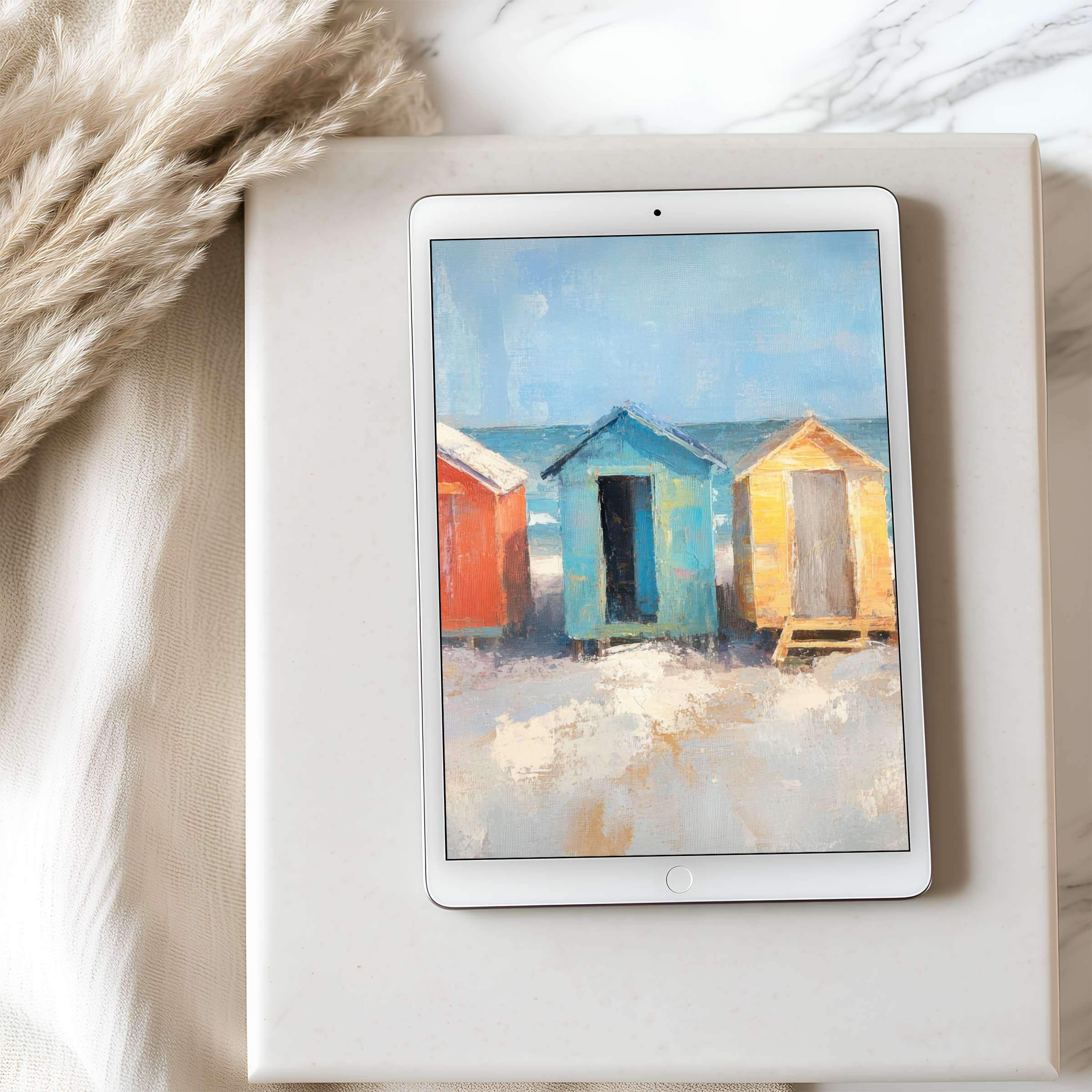 Colorful beach huts painted in soft pastels create an elegant tablet wallpaper perfect for iPad and Android digital download