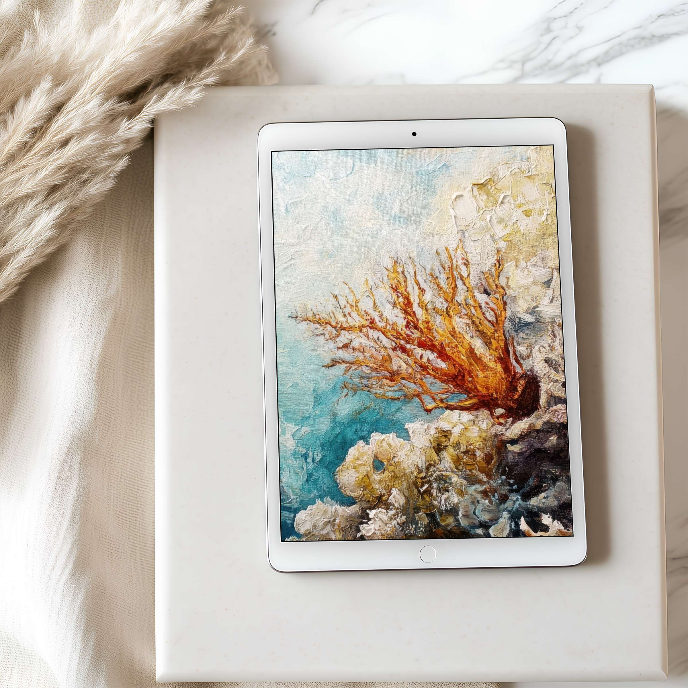 Elegant coral-themed tablet wallpaper evokes serenity in high-resolution, perfect for iPad or Android tablets, enhancing any calming interior