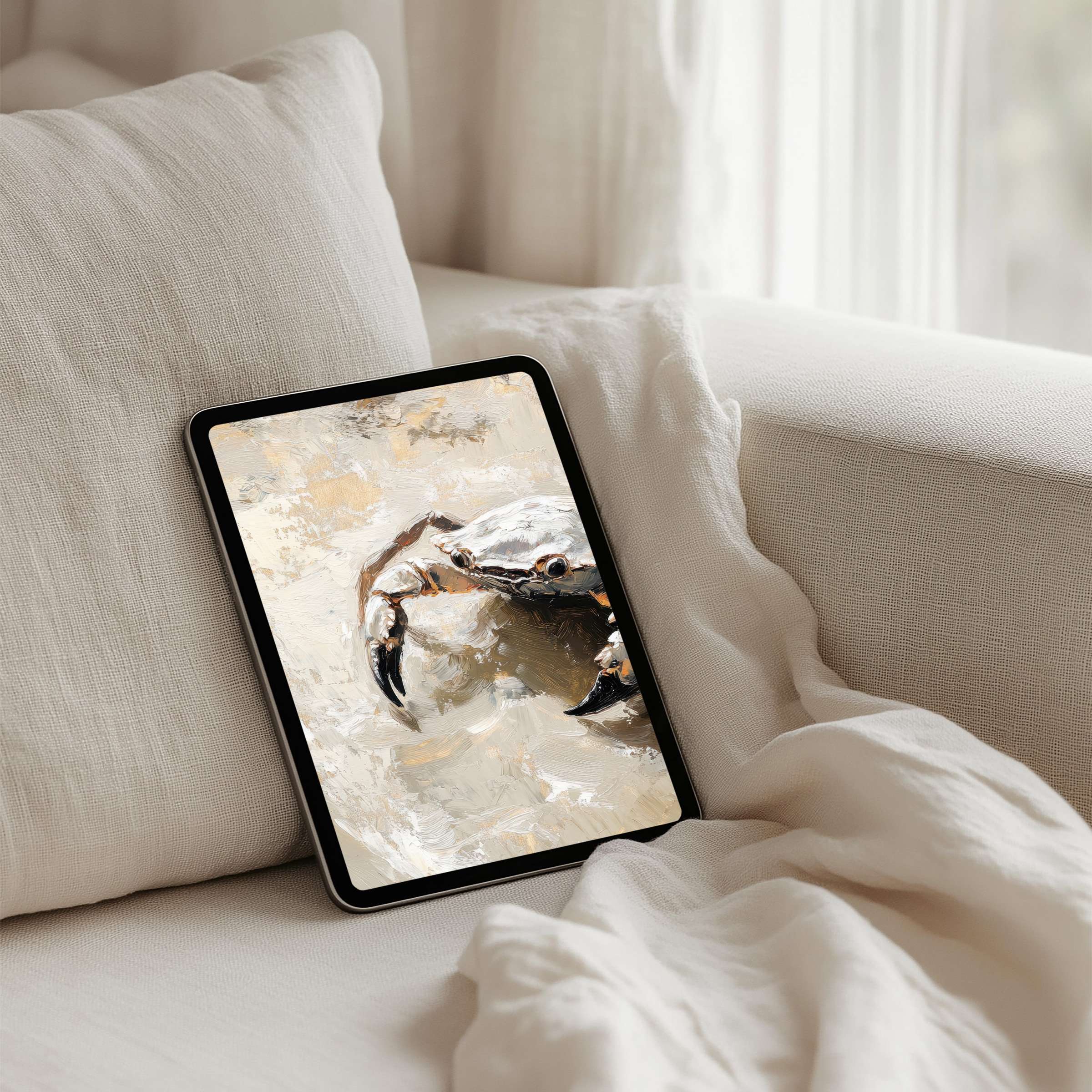 Elegant crab-themed iPad background for instant download, enhancing tablet aesthetics with calming earth tones and artistic flair