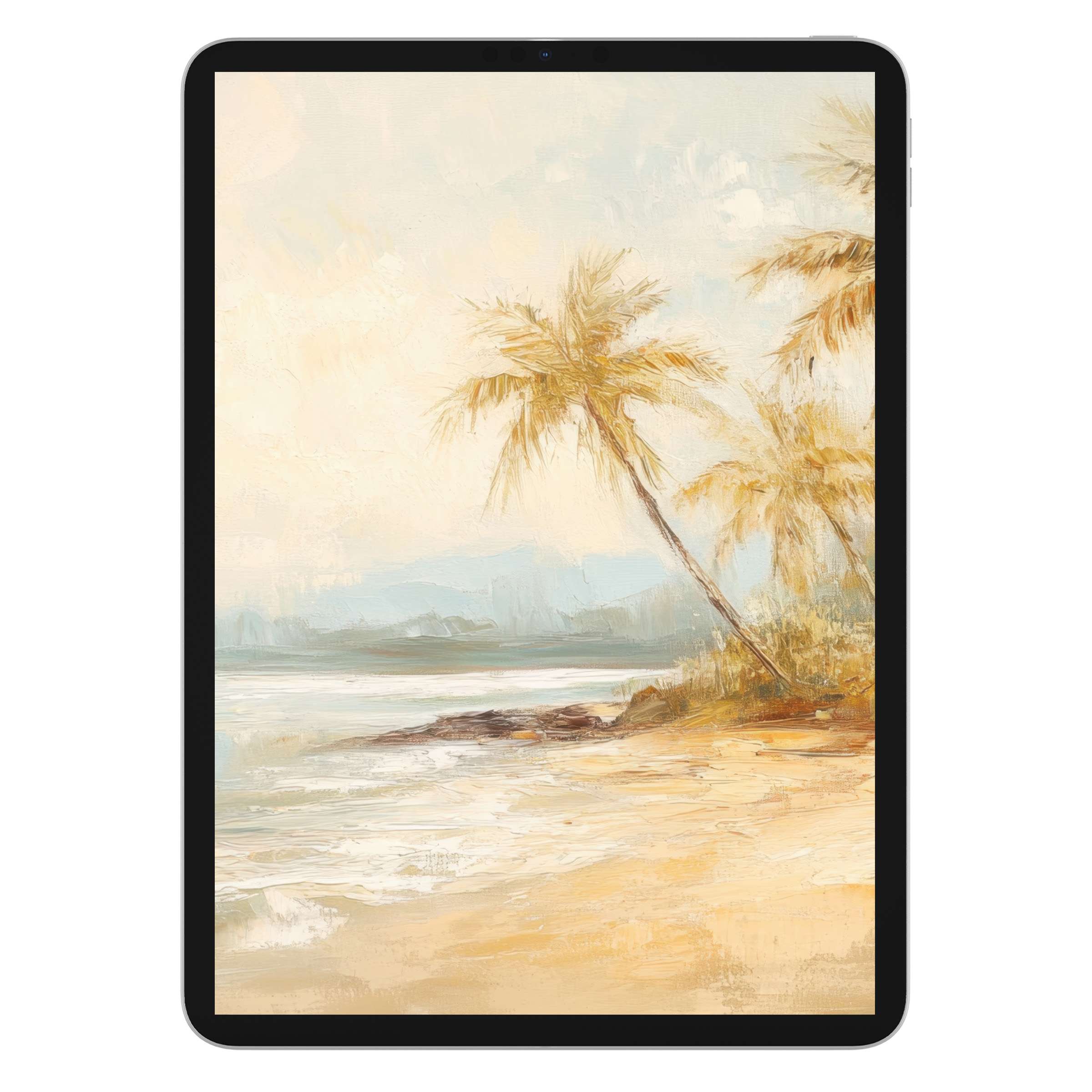 Coastal iPad wallpaper features serene beach scene with palm trees, perfect digital download for calming tablet background elegance