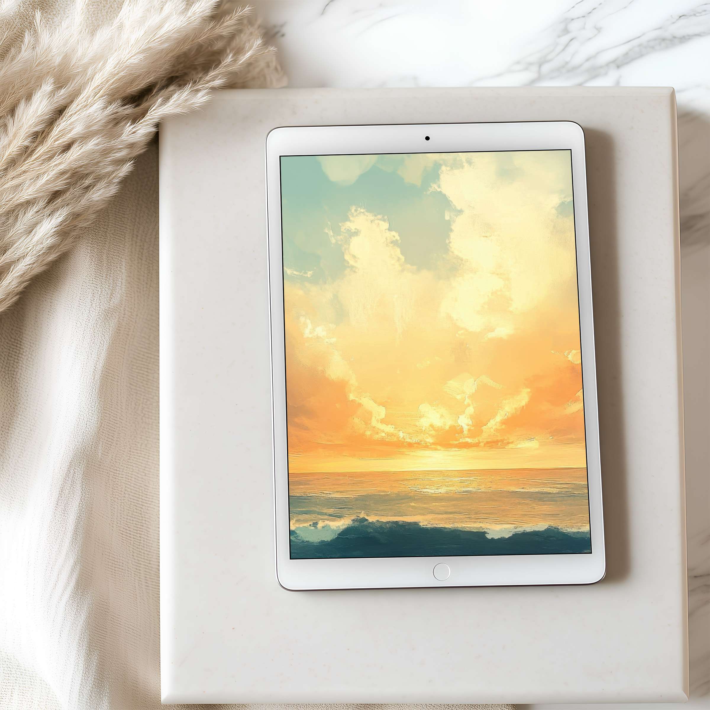 Elegant tablet wallpaper featuring serene ocean waves and a golden sunrise, perfect for iPad in high resolution and digital download