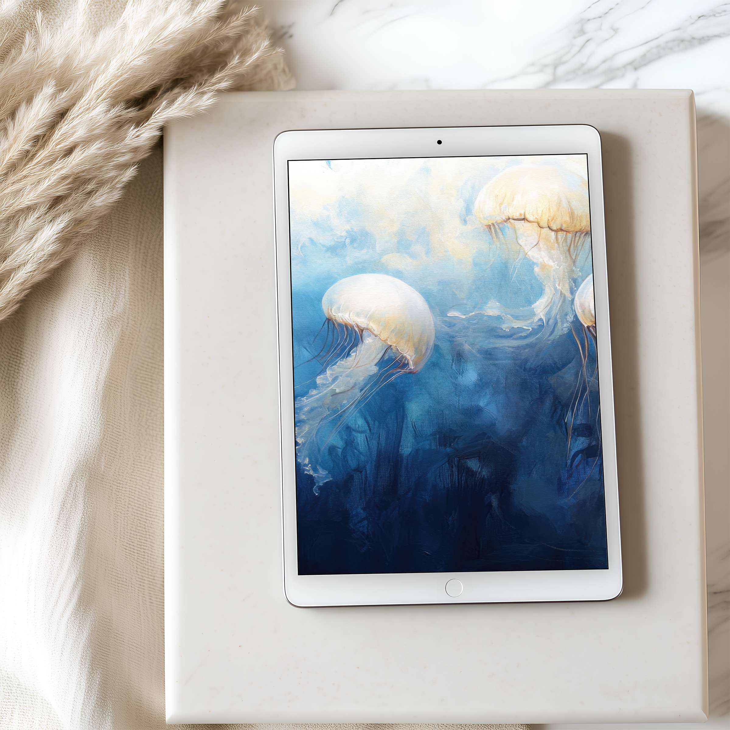 Elegant jellyfish-themed tablet wallpaper on an iPad offers a high-resolution art piece, seamlessly blending calm with digital download ease