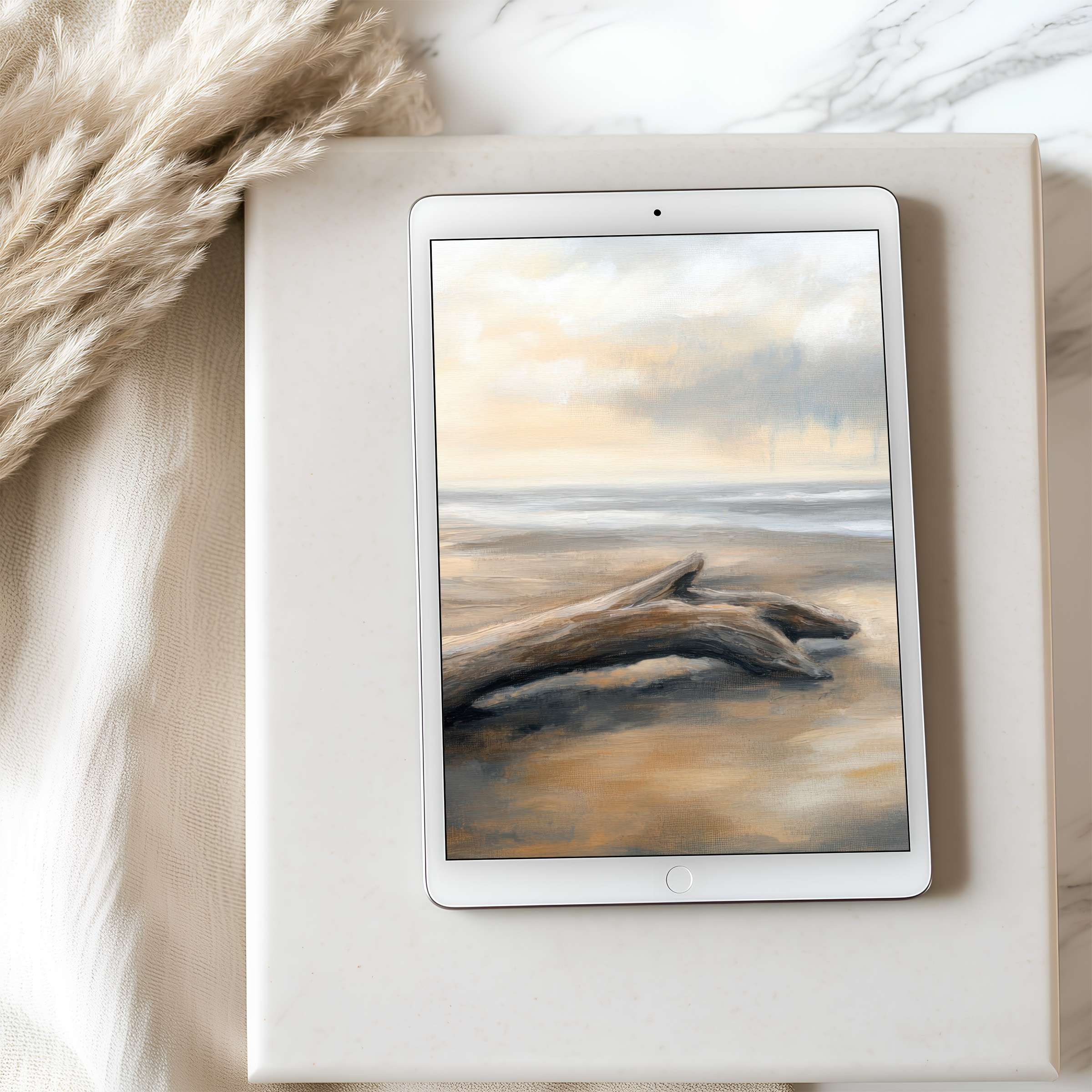 Tranquil seascape tablet wallpaper in high resolution with soft neutrals and driftwood motif evoking serenity for iPad and Android download