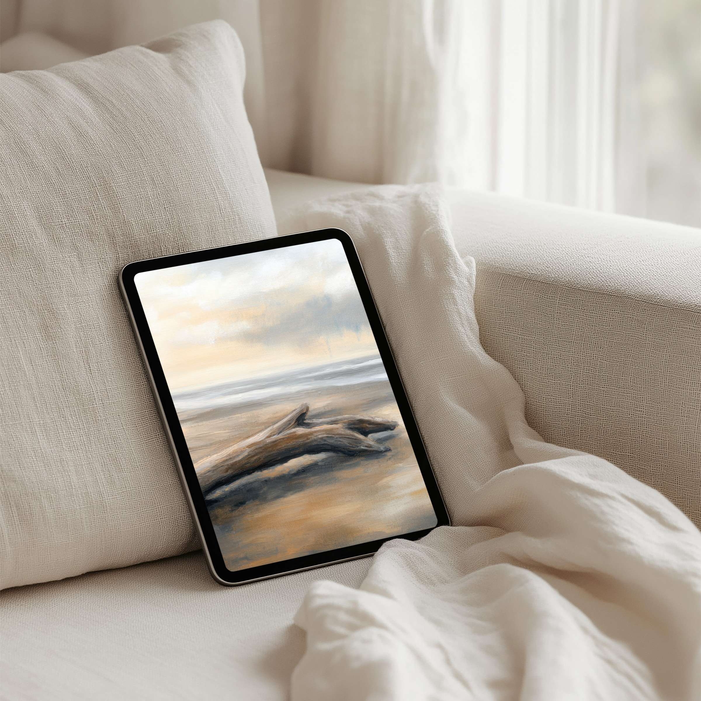 Elegant iPad background with serene beach driftwood painting for instant download on tablet inspiring calm and mindfulness