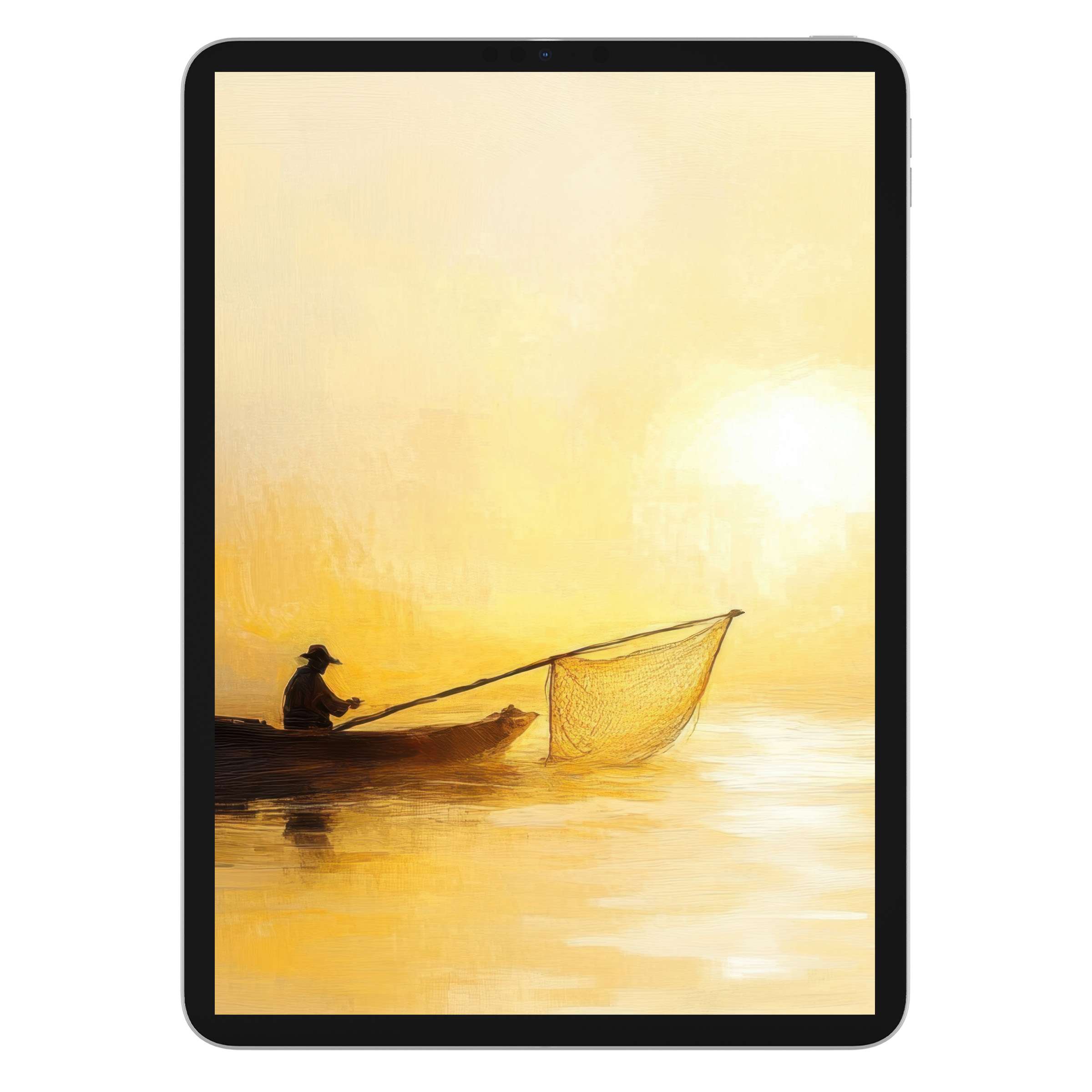 Elegant coastal iPad wallpaper with serene warm hues captures a fisherman at sunrise, ideal digital download for tablet background