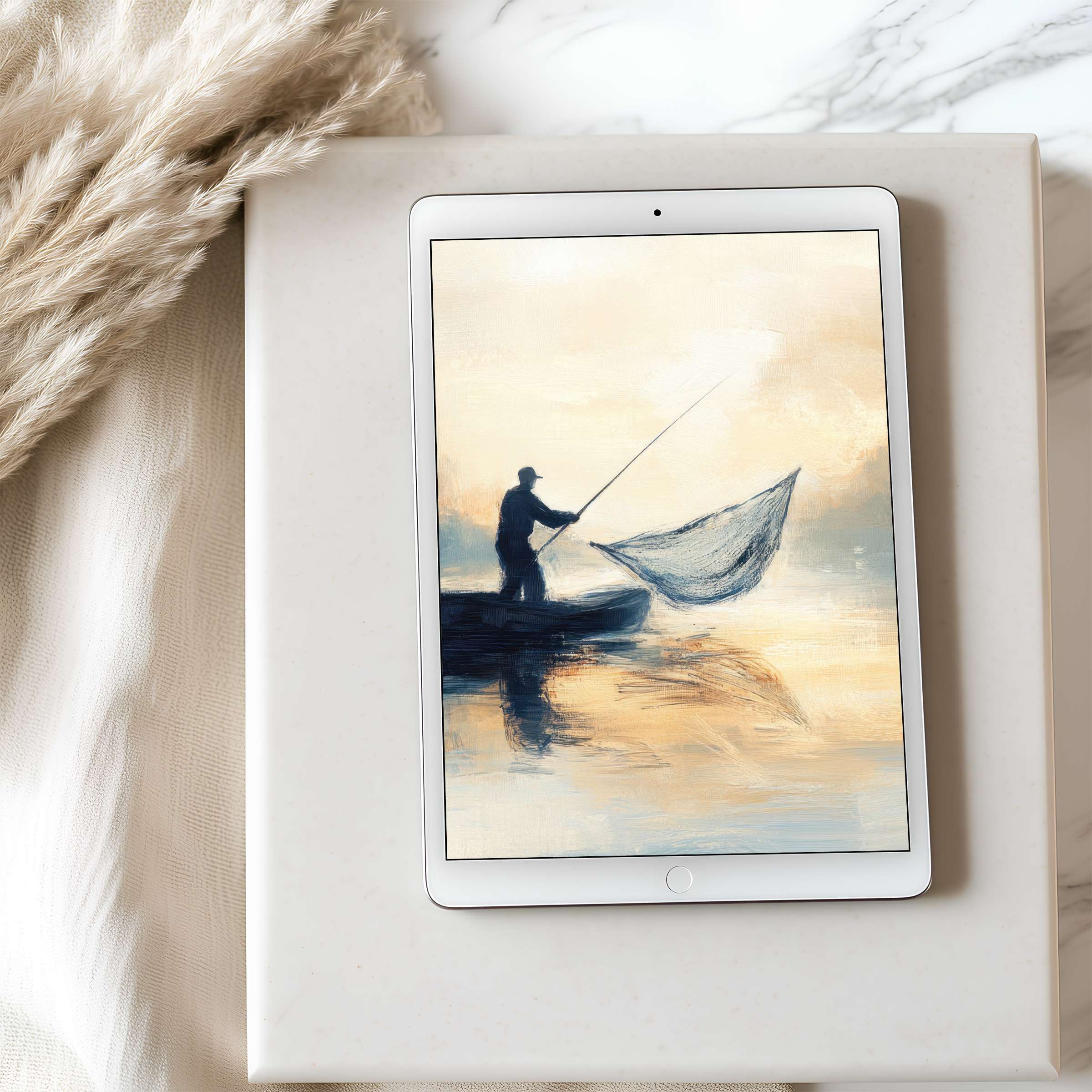 Serene fisherman's painting on tablet wallpaper in a calm palette offers a high resolution digital download for iPad and Android users