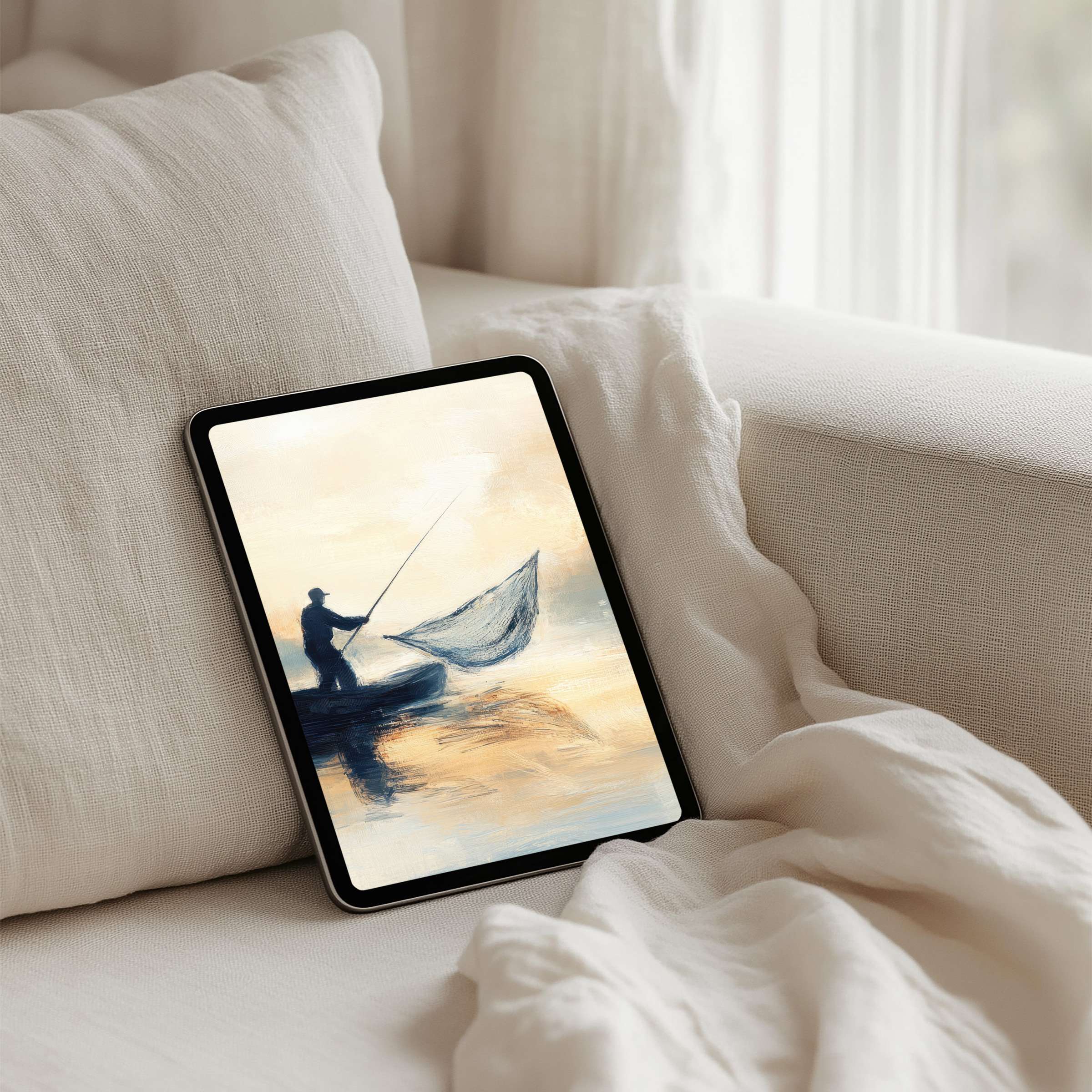 Elegant digital art of a serene fishing scene, perfect iPad background for instant download on any tablet, inspires calm mindfulness