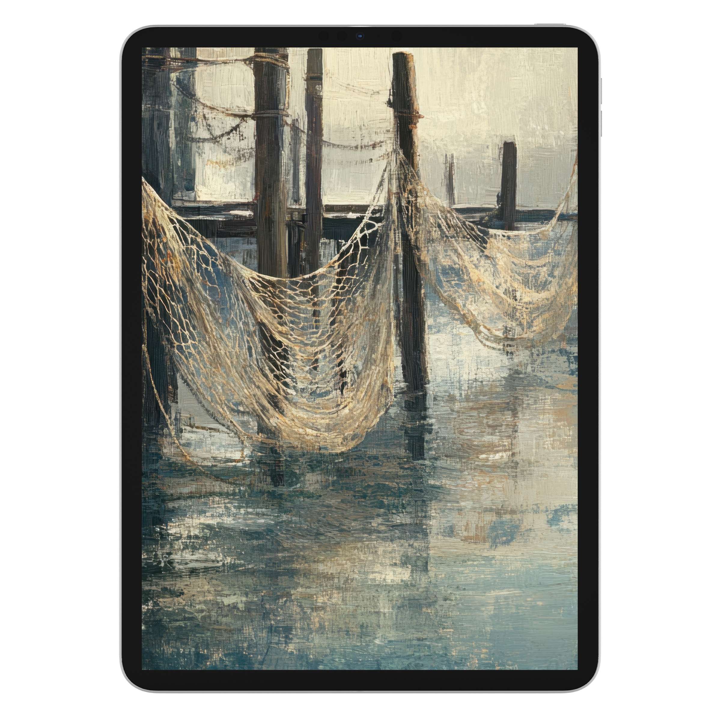 Serene coastal iPad wallpaper with textured nets over calming water, ideal digital download for tablet background aesthetics