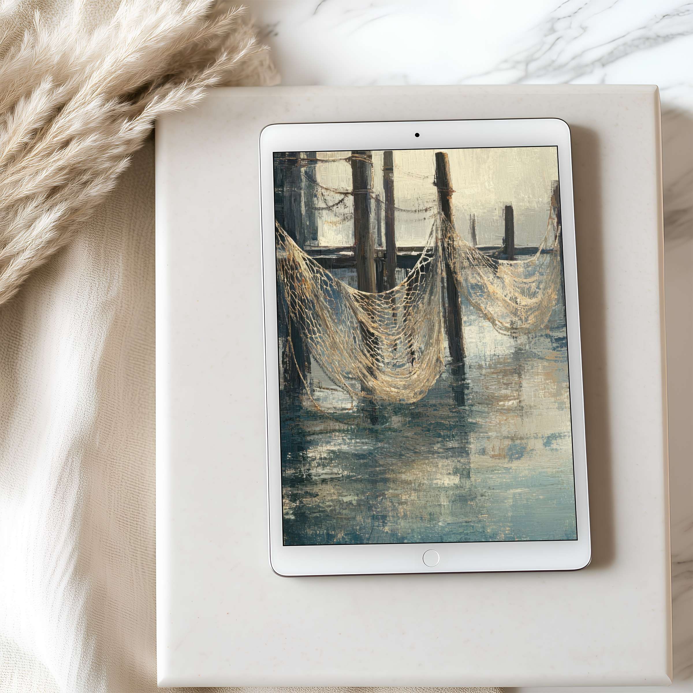 Serene coastal scene tablet wallpaper on iPad embracing calm with blues and creams offers high resolution elegance perfect for digital download