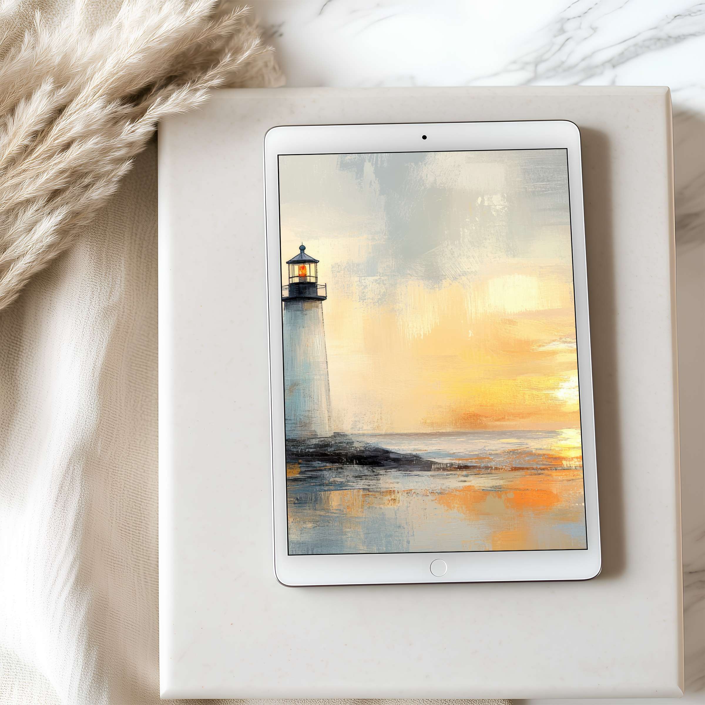 Elegant lighthouse-themed tablet wallpaper in soft pastel hues, perfect for iPad high resolution, enhancing calm interiors, digital download