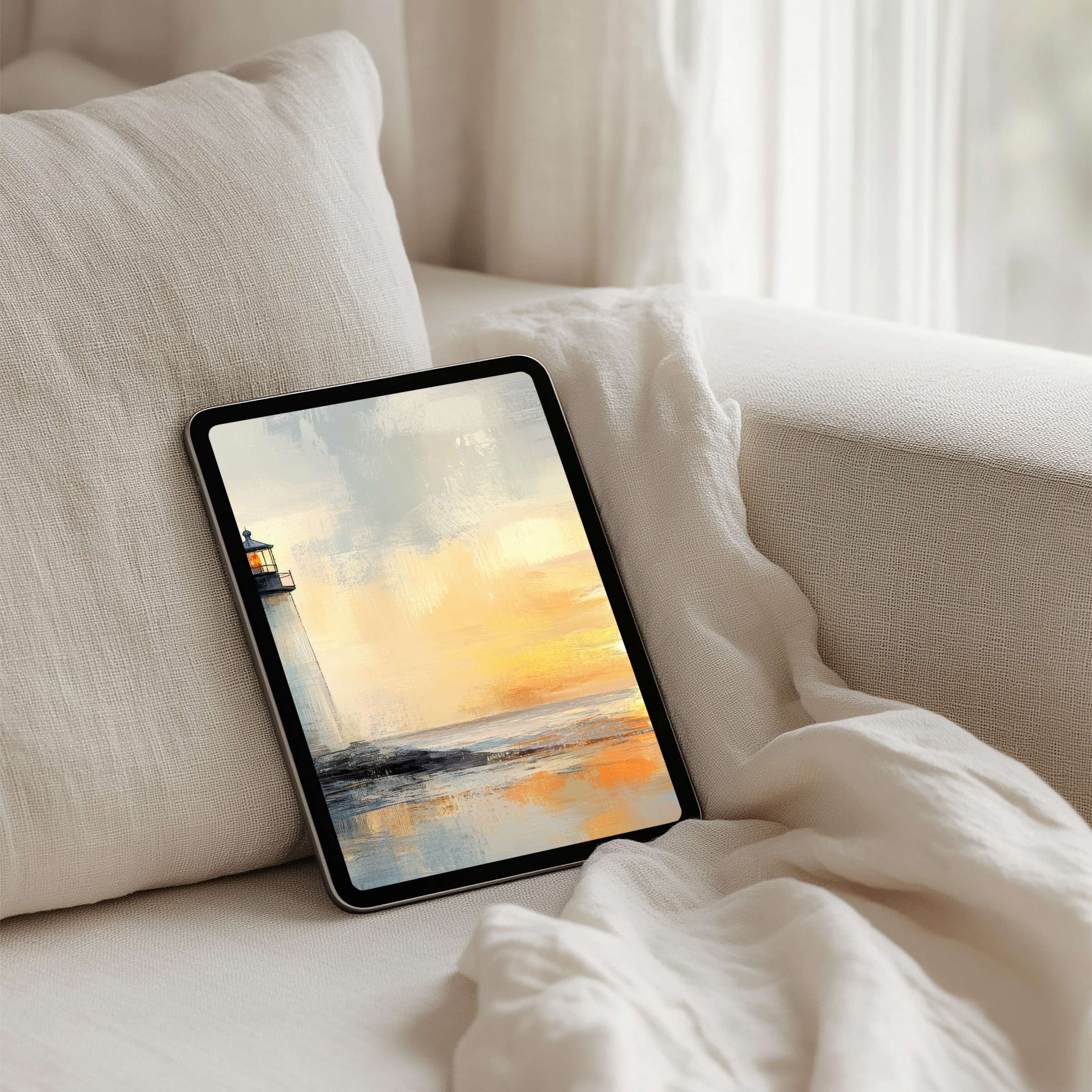 Serene lighthouse art iPad background on a cozy couch setting provides instant download for tablet elegance and mindful tranquility