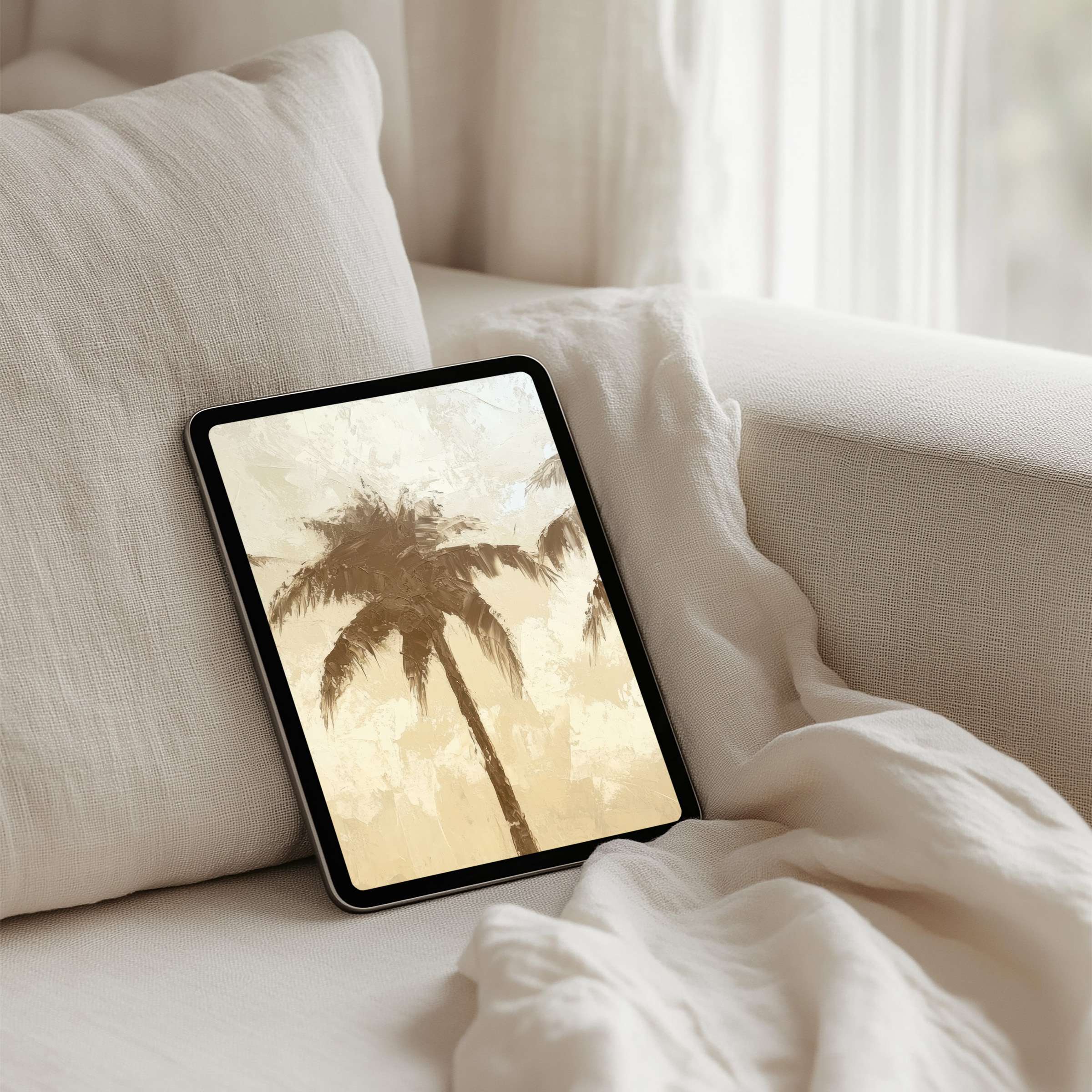 Elegant palm trees evoke calm in a neutral-toned iPad background perfect for any tablet instant download for mindful living