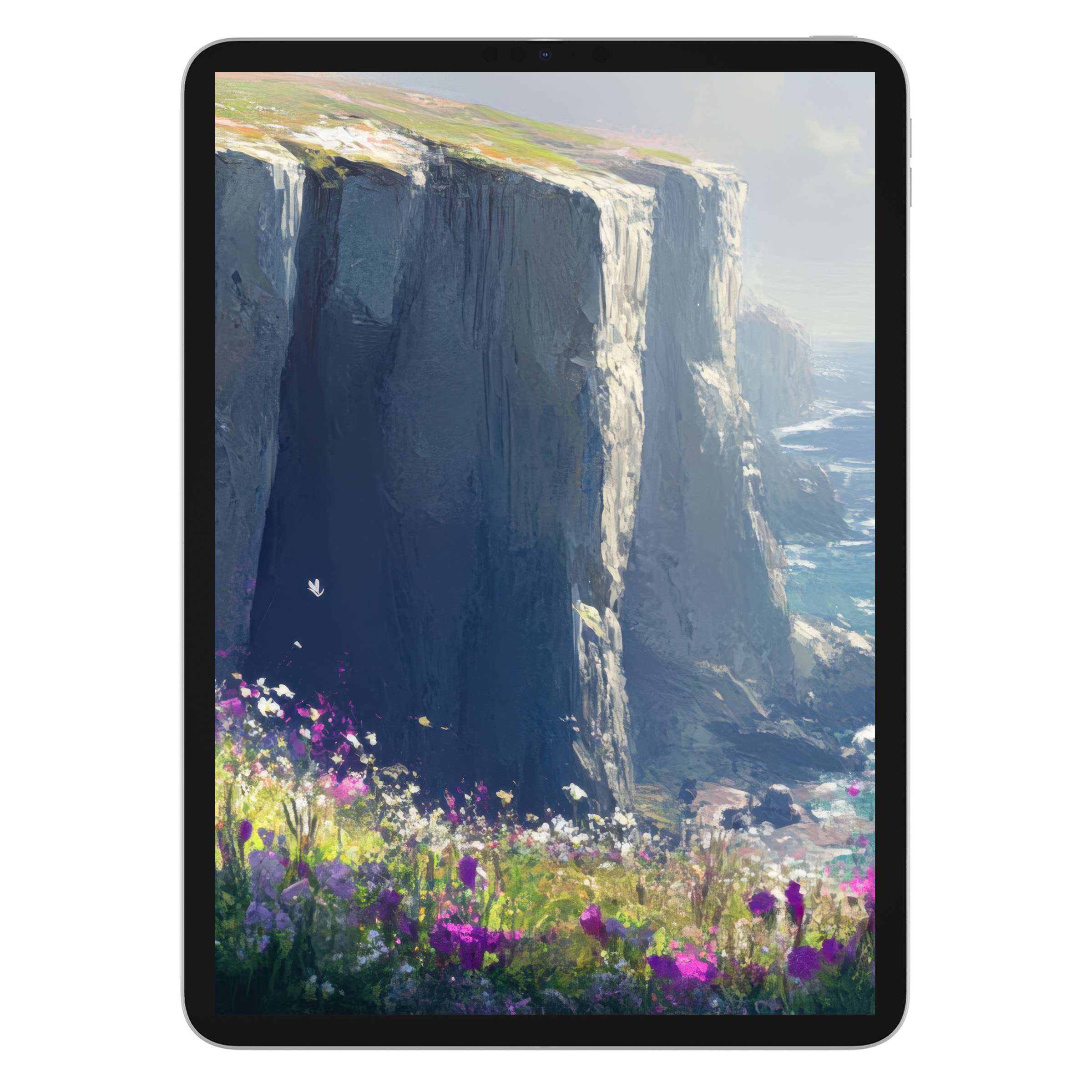 Elegant coastal iPad wallpaper digital download with a serene cliffside scene, colorful wildflowers, ideal tablet background for tranquility