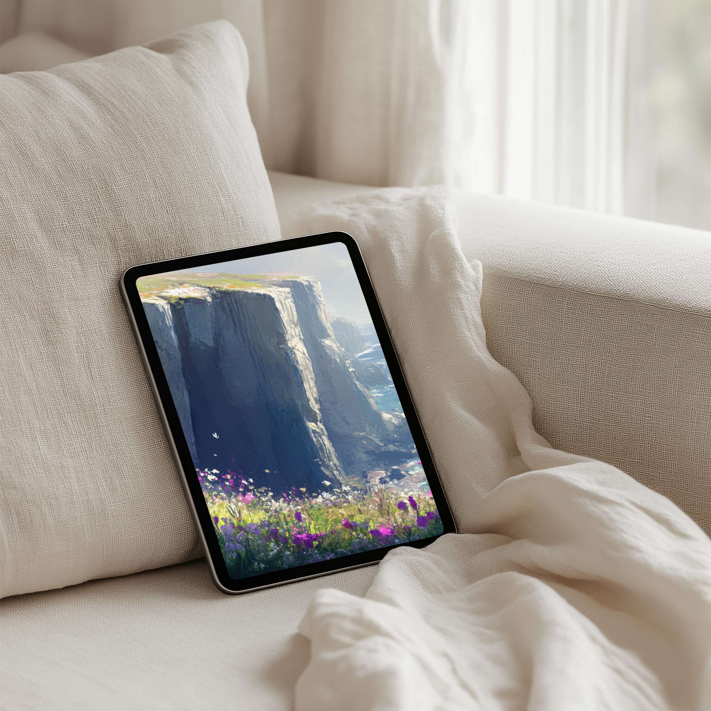 Elegant iPad background featuring serene cliffs and wildflowers, ideal for tablets Instant download inspires calm and mindfulness