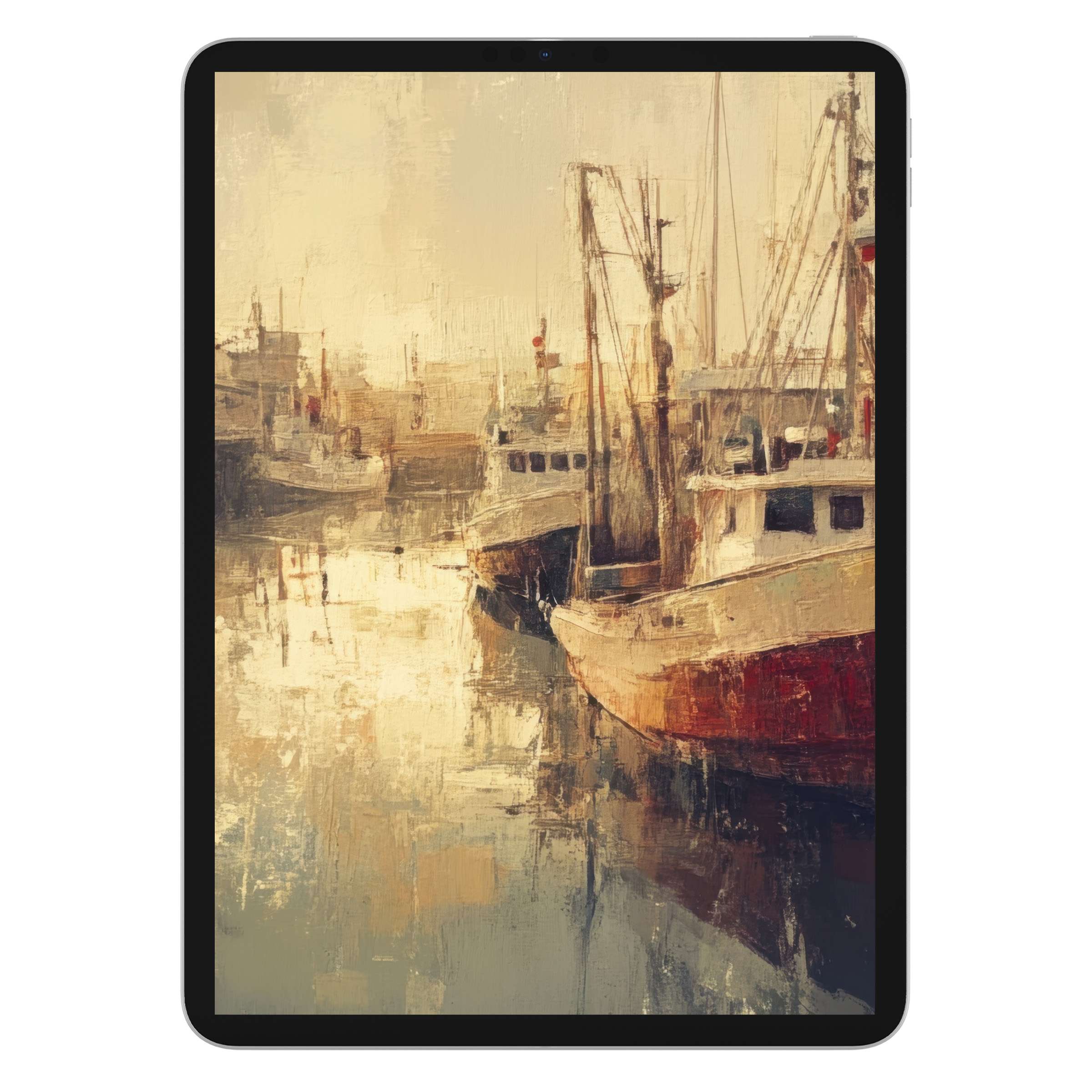 Coastal iPad wallpaper with a serene harbor scene in warm hues, perfect digital download background for tablet tranquility and elegance